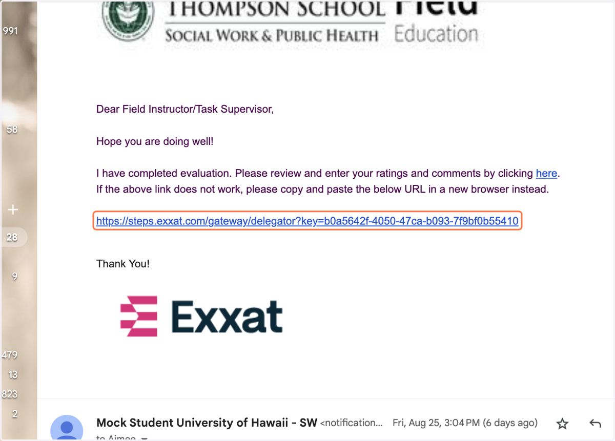 See email from your student via the PRIS/Exxat system, "Evaluation Review Request." Click on the link.
