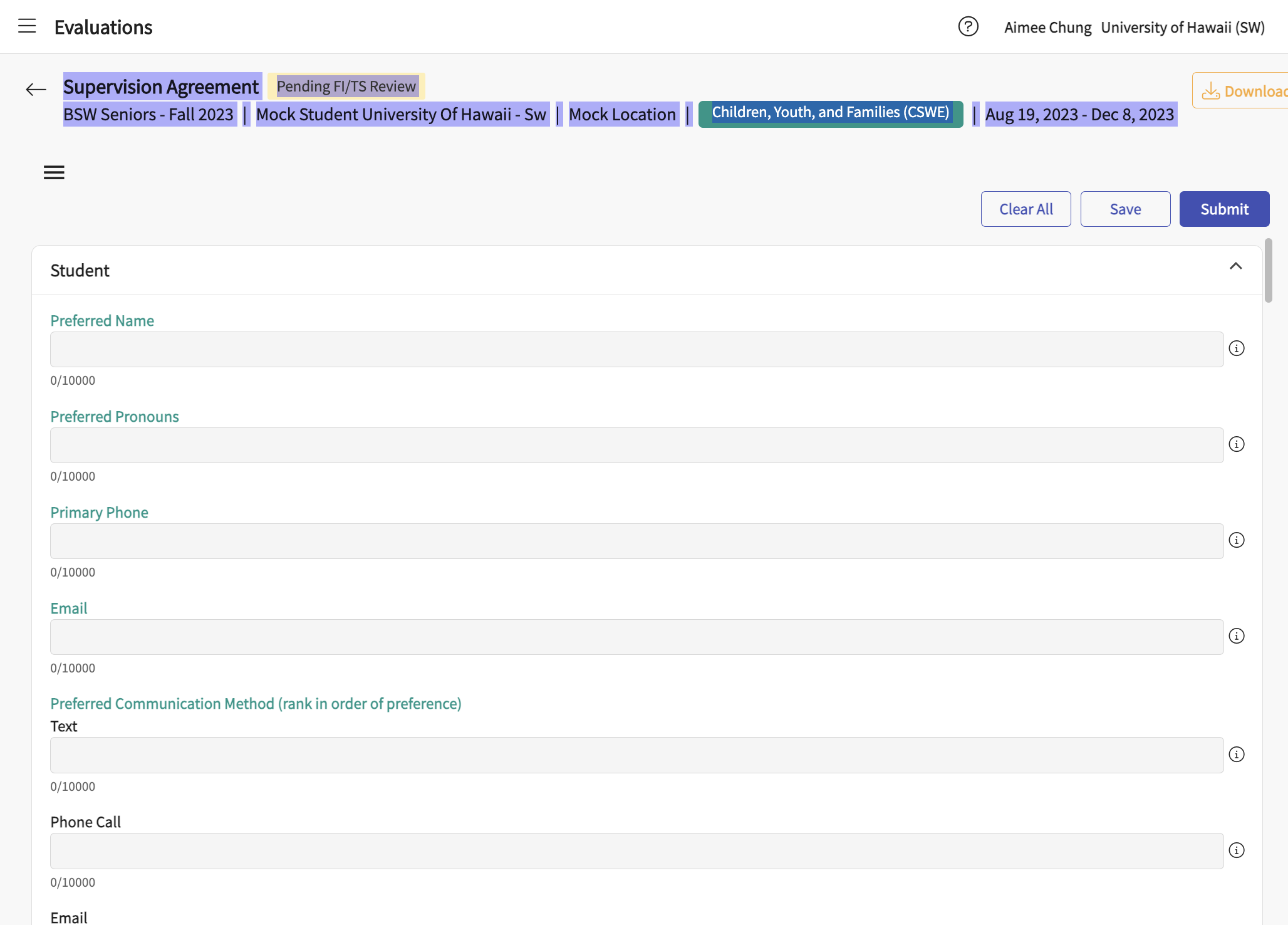 The student should complete the form as much as they can on their own, then ask the SS/FI for assistance completing the agency-specific parts of the form. Discuss expectations with the student in supervision.