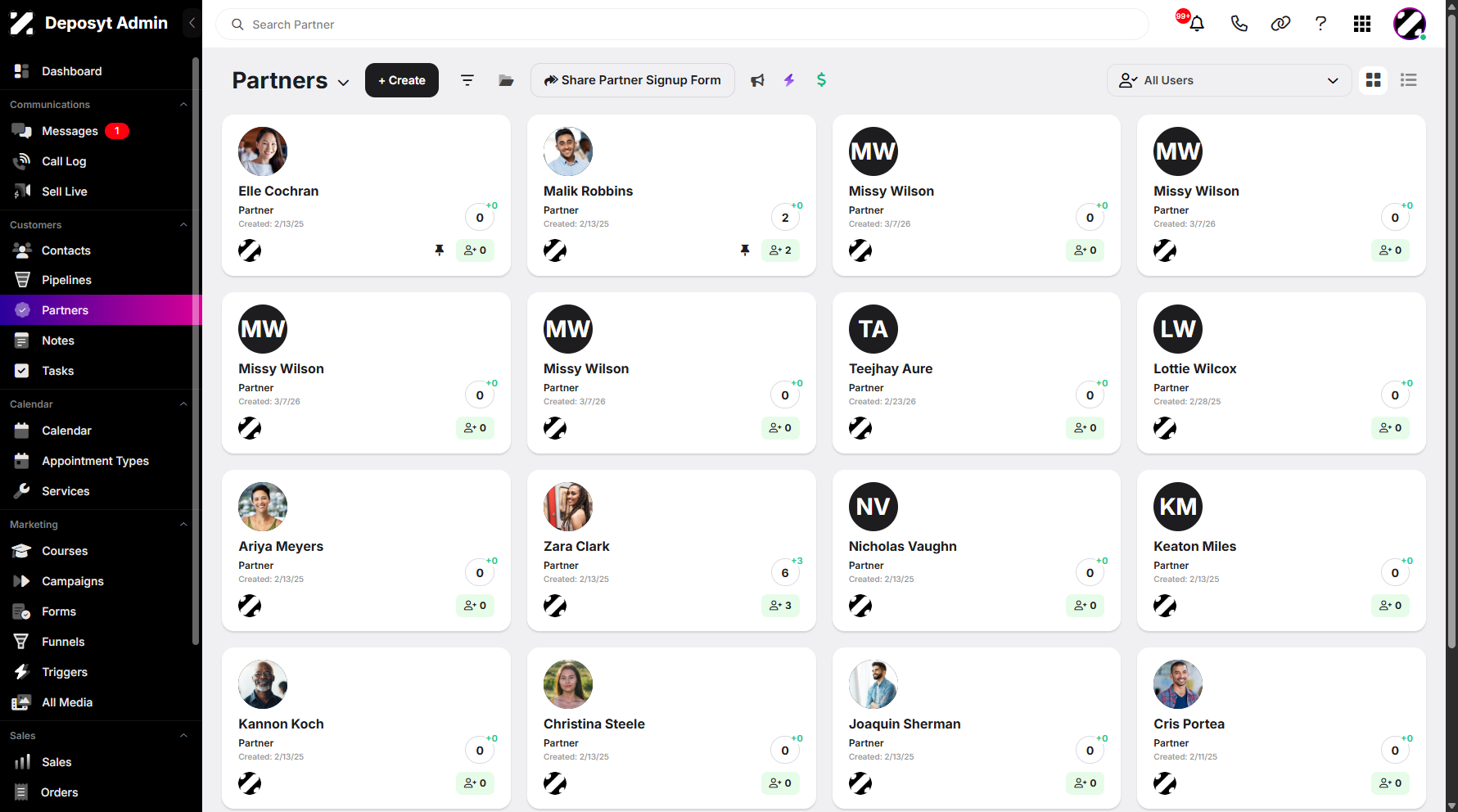 Step 1: On your Dashboard, navigate to the Partners under the Customers section.
