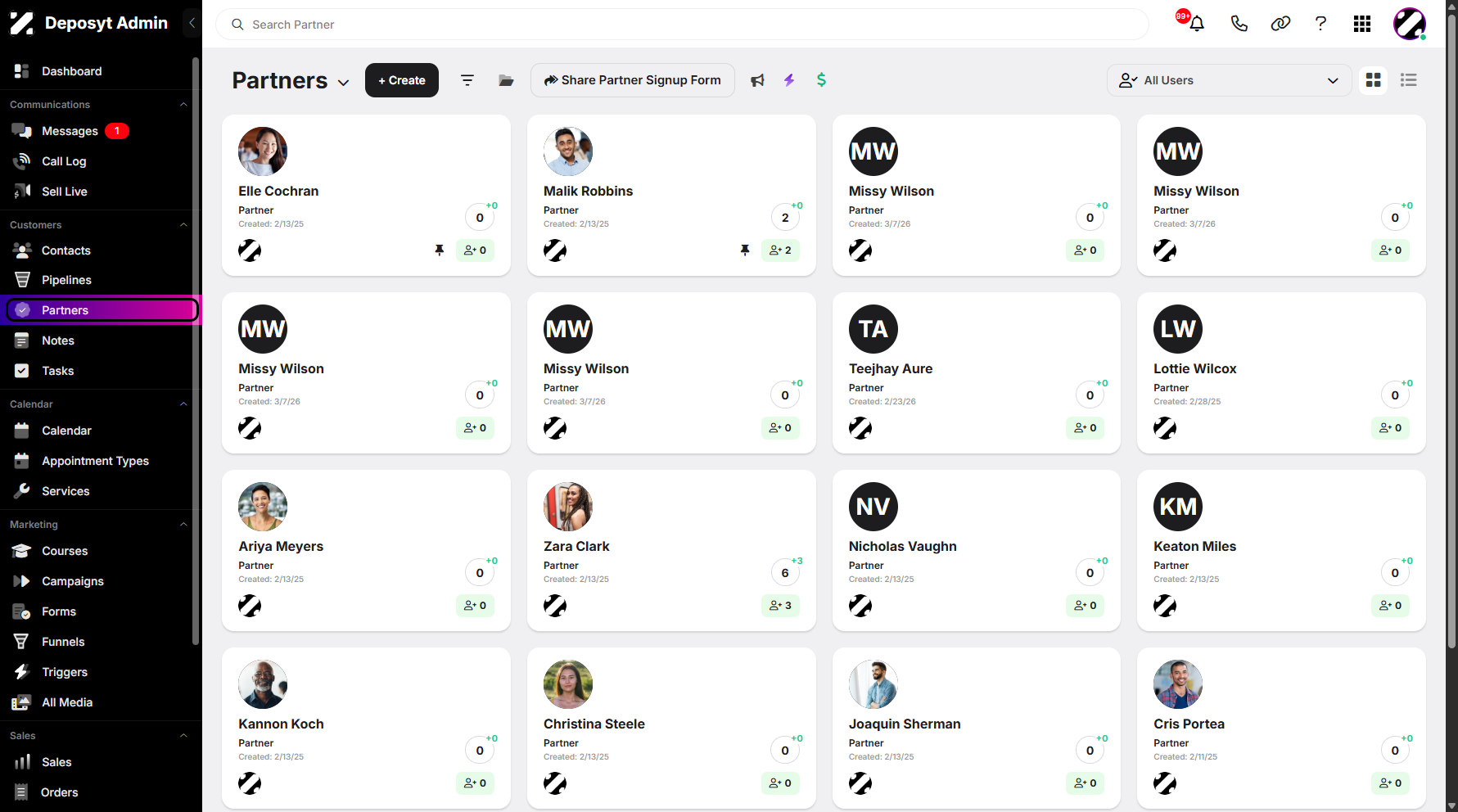 Step 1: On your Dashboard, navigate to the Partners under the Customers section.