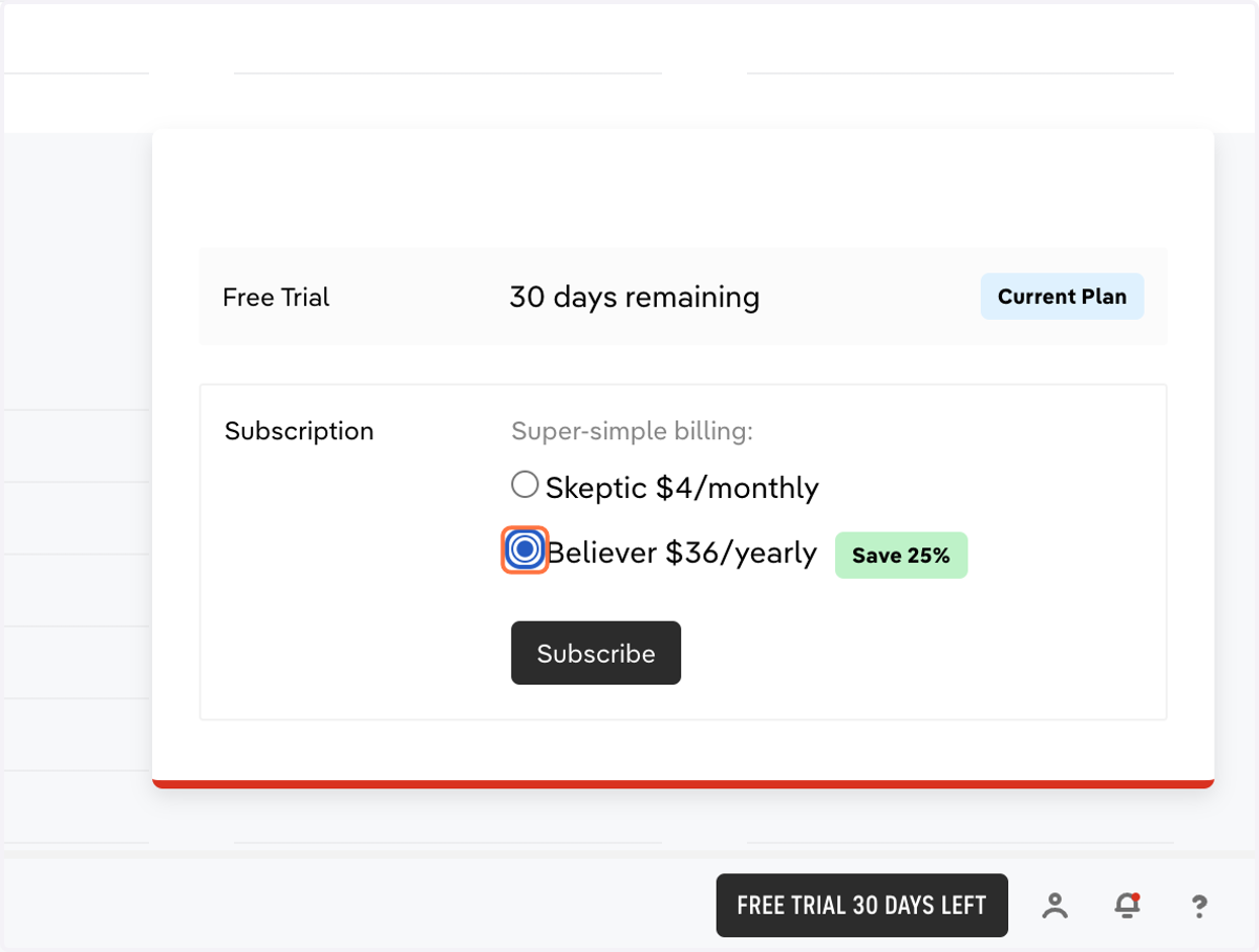 Select a billing plan and click 'Subscribe' to enter your payment method