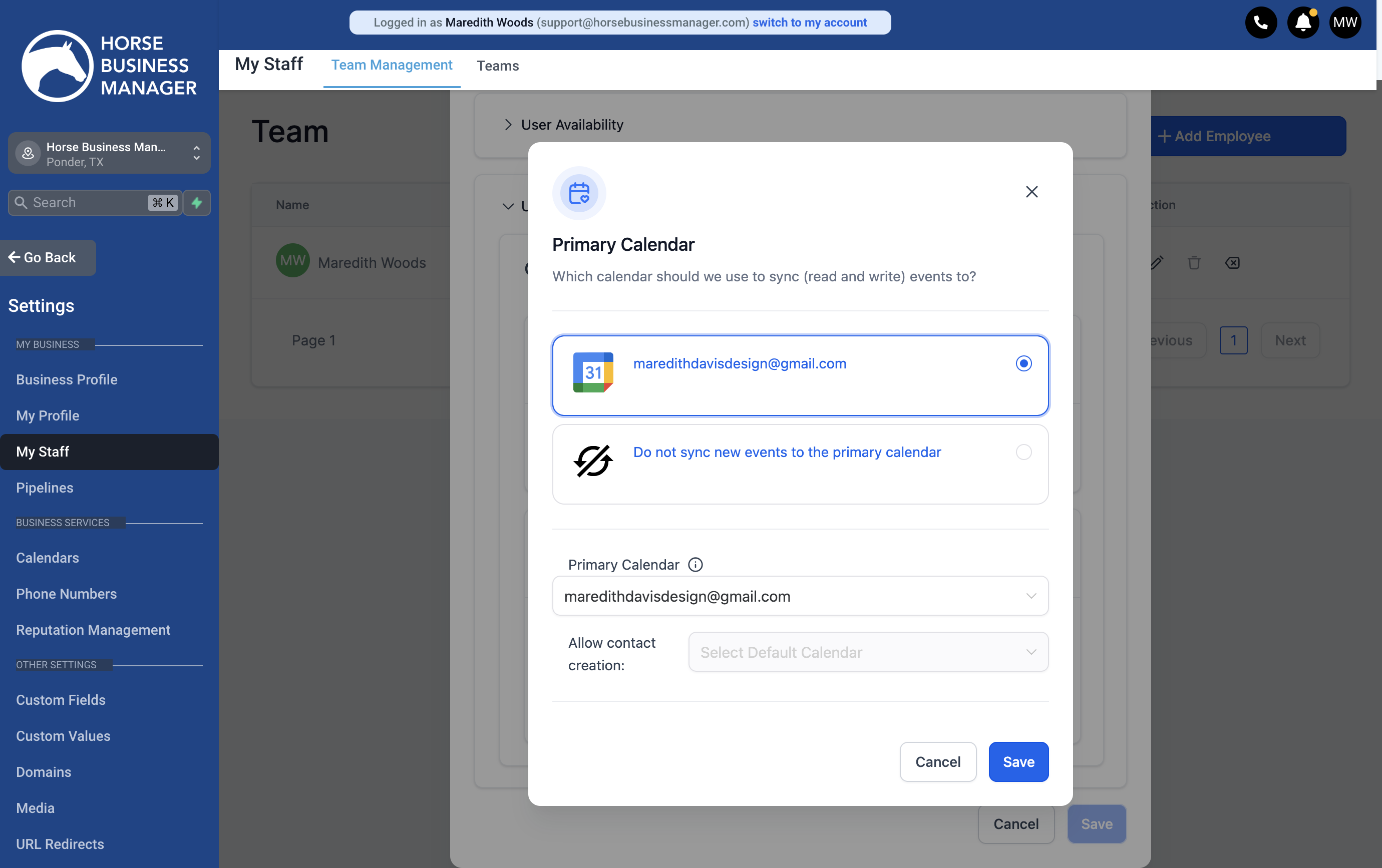 Select your calendar from the list of options. This will be the primary calendar that gets checked for conflicting times. If you have additional calendars setup, connect them in the Check for Conflict section.