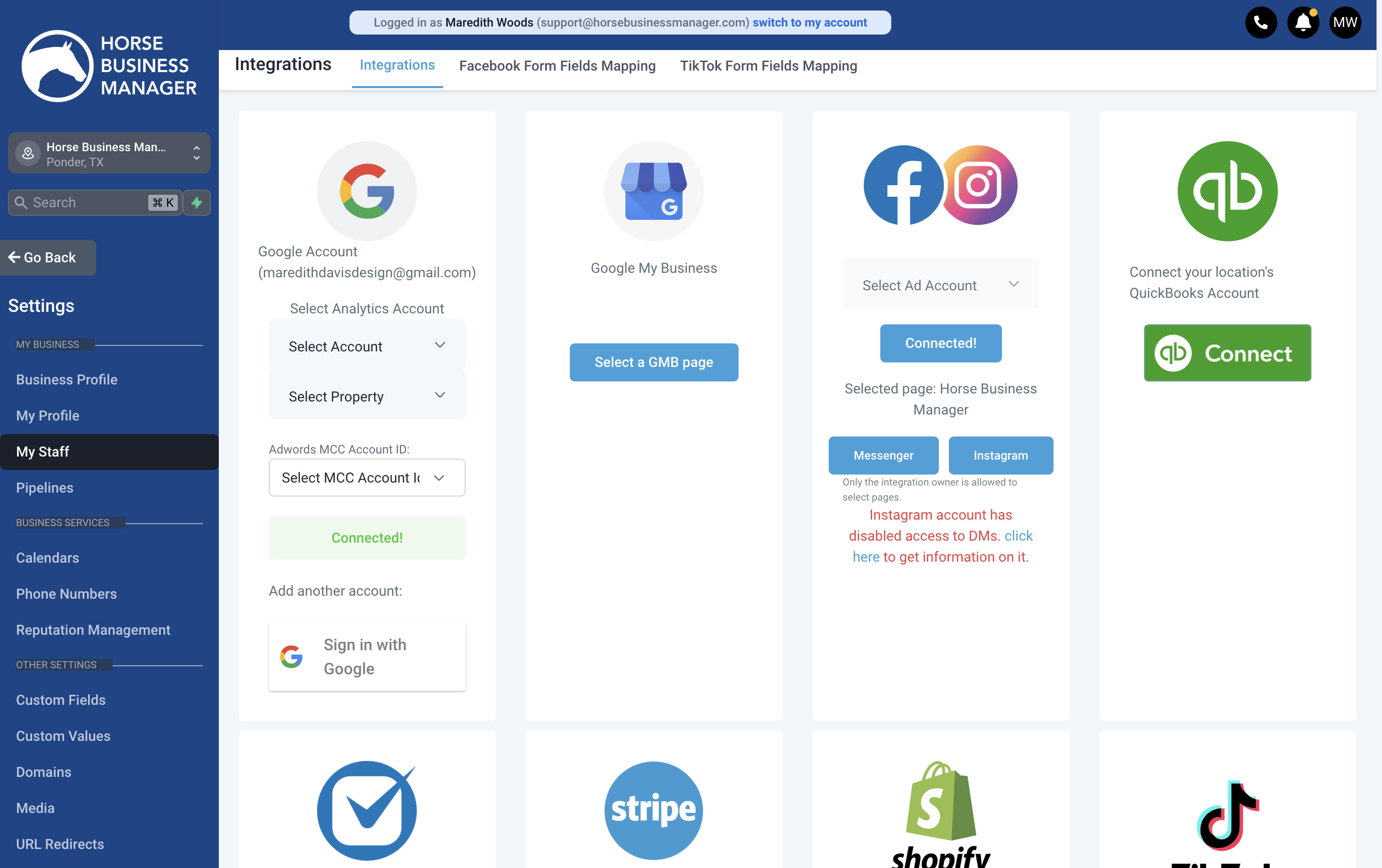 Your account will now be connected. To add the calendar to your account settings, click on My Staff.