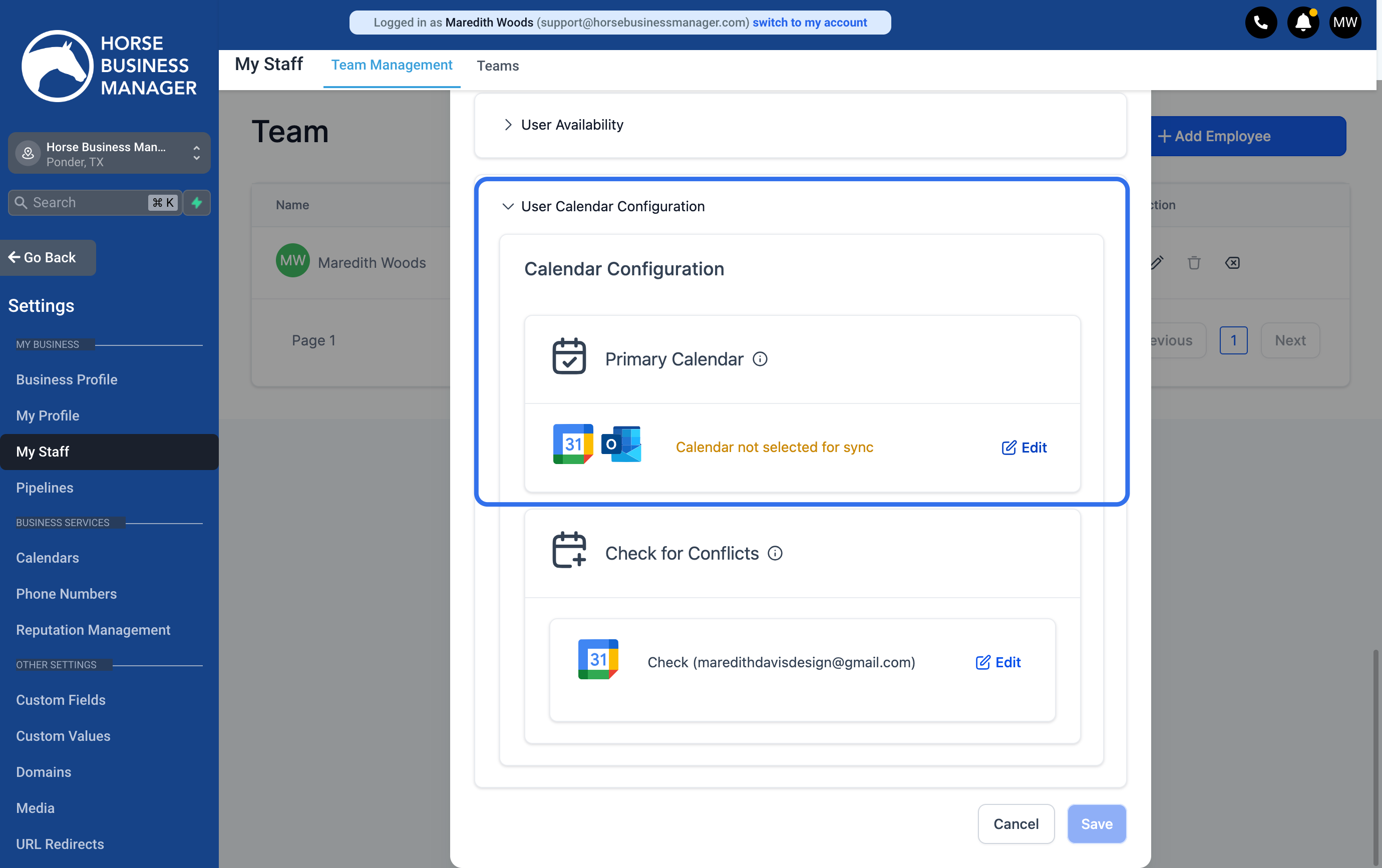 Click on Edit to add your Google or Outlook Calendar