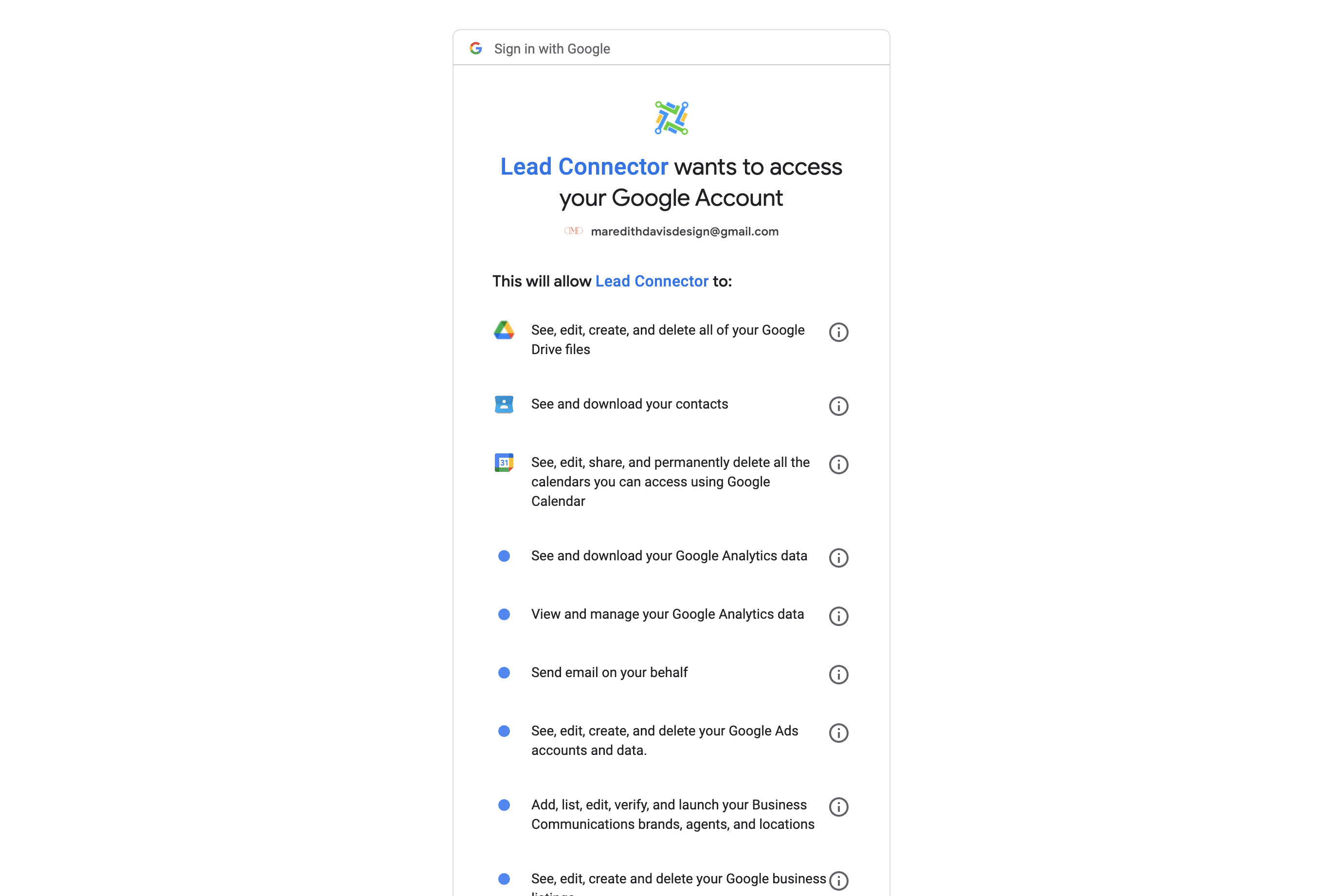 Allow Lead Connector to access your Google Account