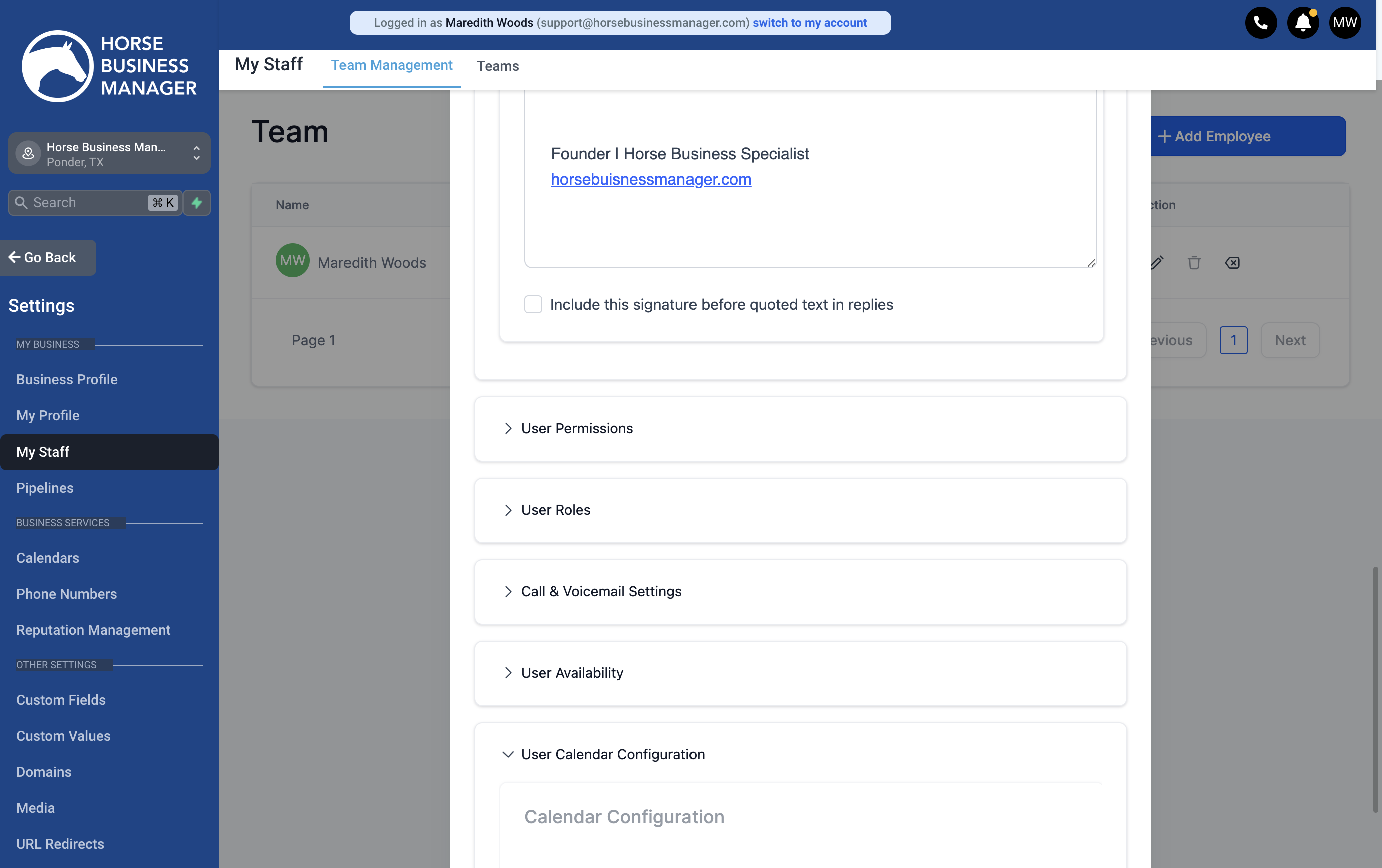 Scroll down to User Calendar Configuration