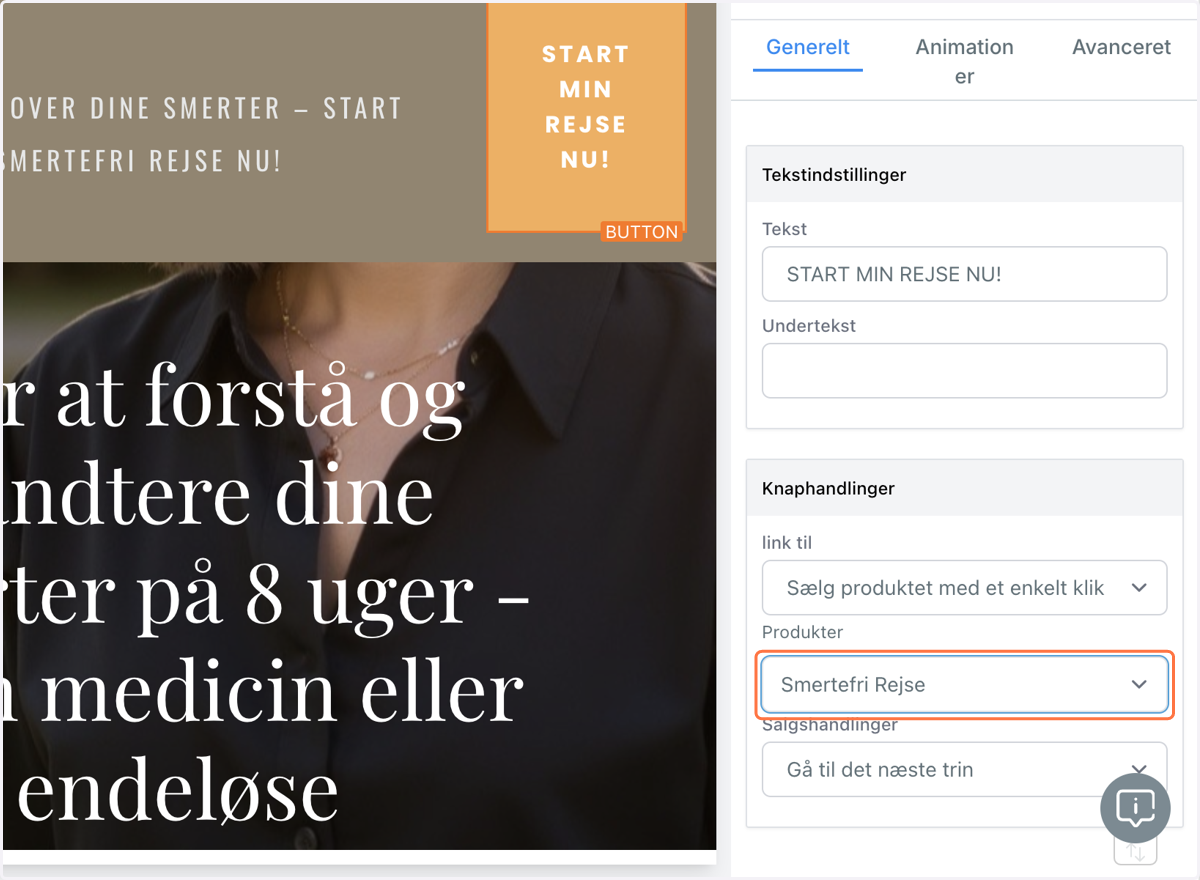 I feltet "Produkter" vælger du det produkt, der skal være et opsalg fx Smertefri Rejse