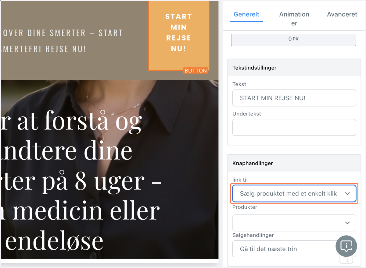 I menuen i højre side scroller du ned i bunden til afsnittet "Knaphandlinger" og i feltet "Link til" vælger du muligheden "Sælg produktet med et enkelt klik op eller ned"
