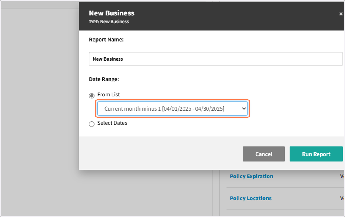 Under Date Range, select Current month minus 1 (for the previous full month)