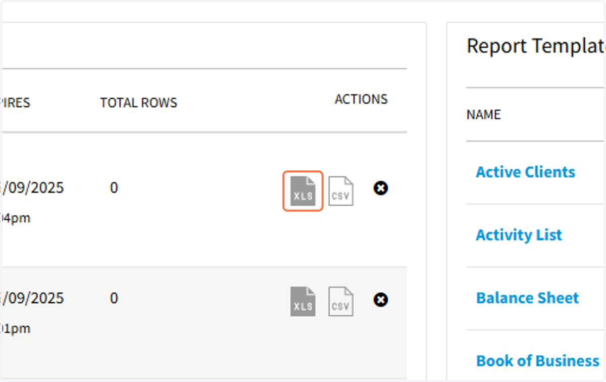 Export to a spreadsheet by selecting the XLS icon under Actions