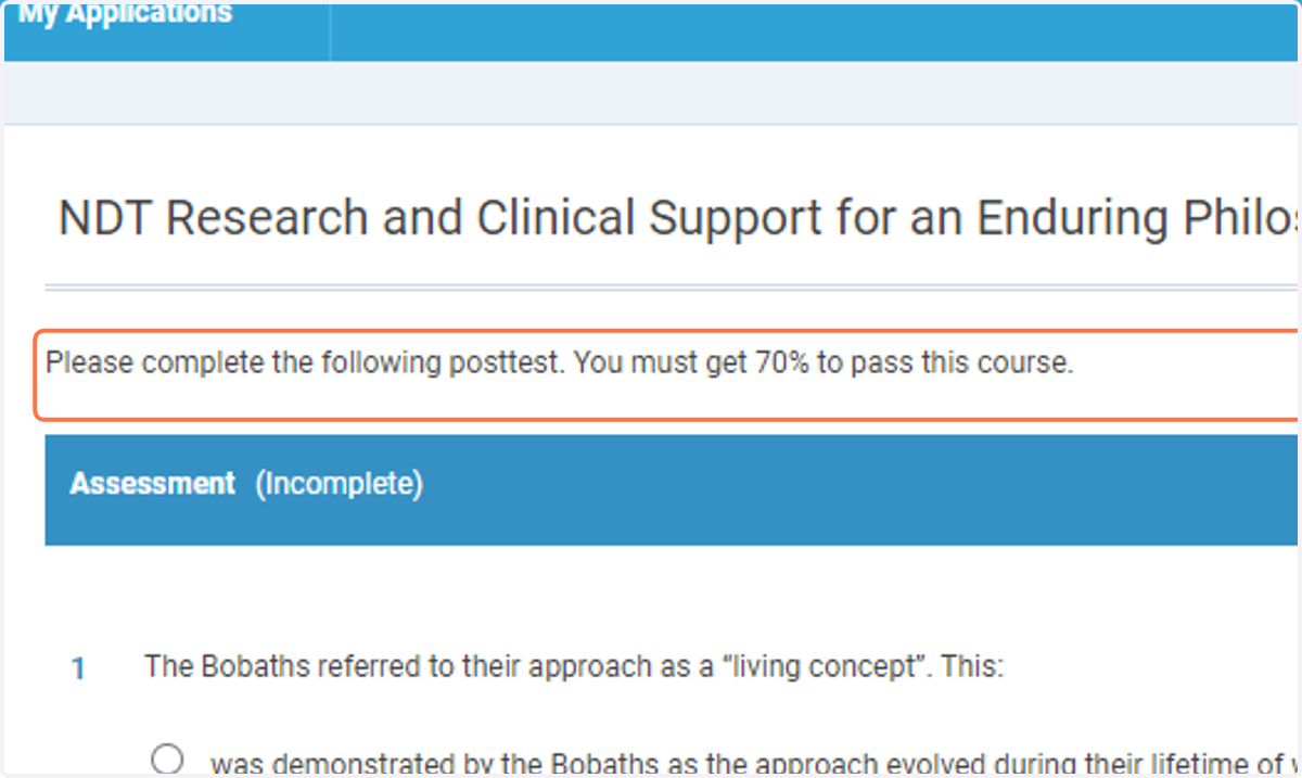 Please note: you must receive over 70% on your course assessment to receive CE credits