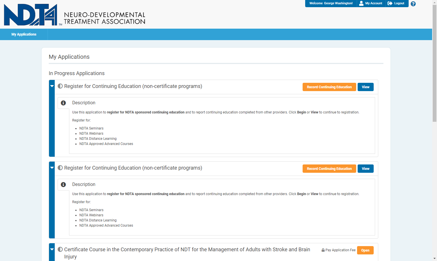 Your CE bank will be the application entitled Register for Continuing Education under In Progress Applications