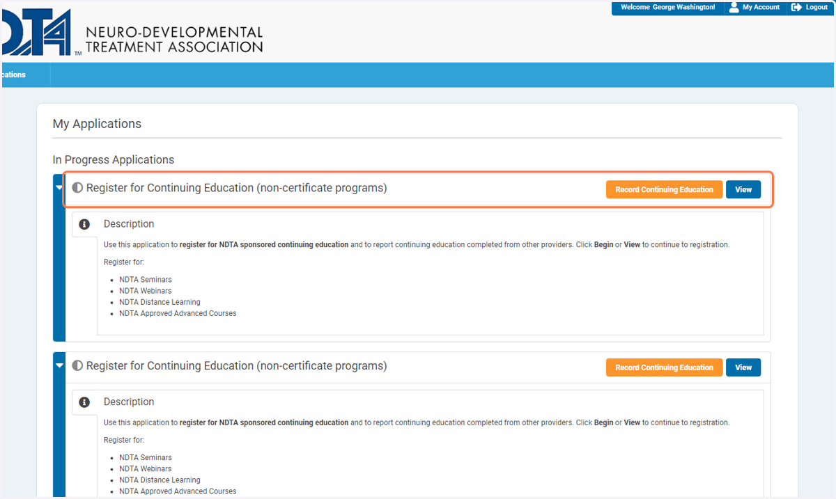 Your CE bank will be the application entitled Register for Continuing Education under In Progress Applications