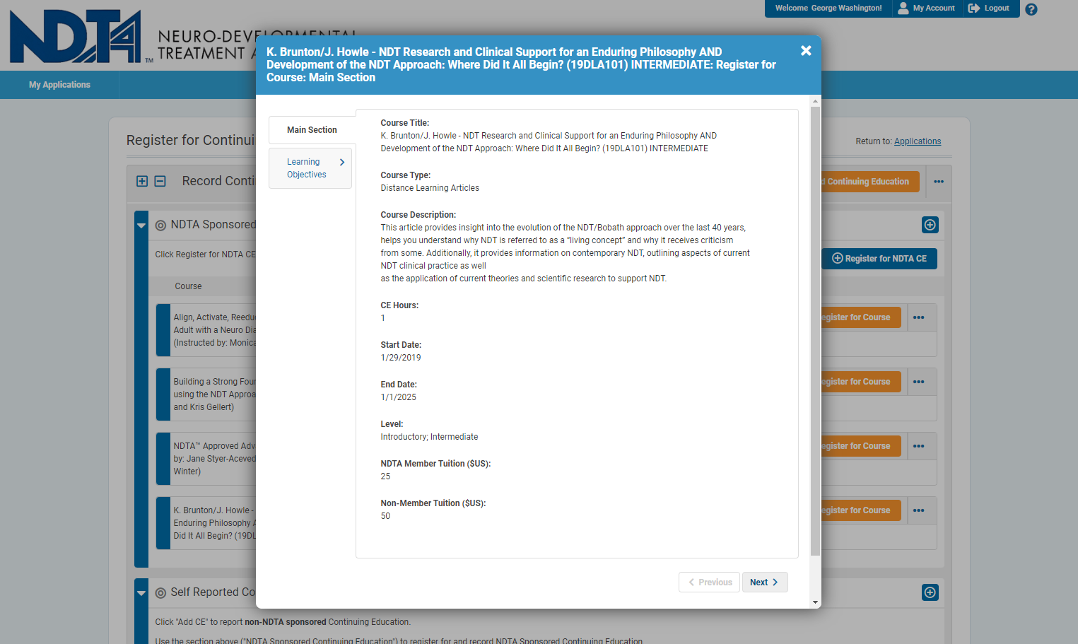 Course information will pop up. Click Next when you are ready to proceed