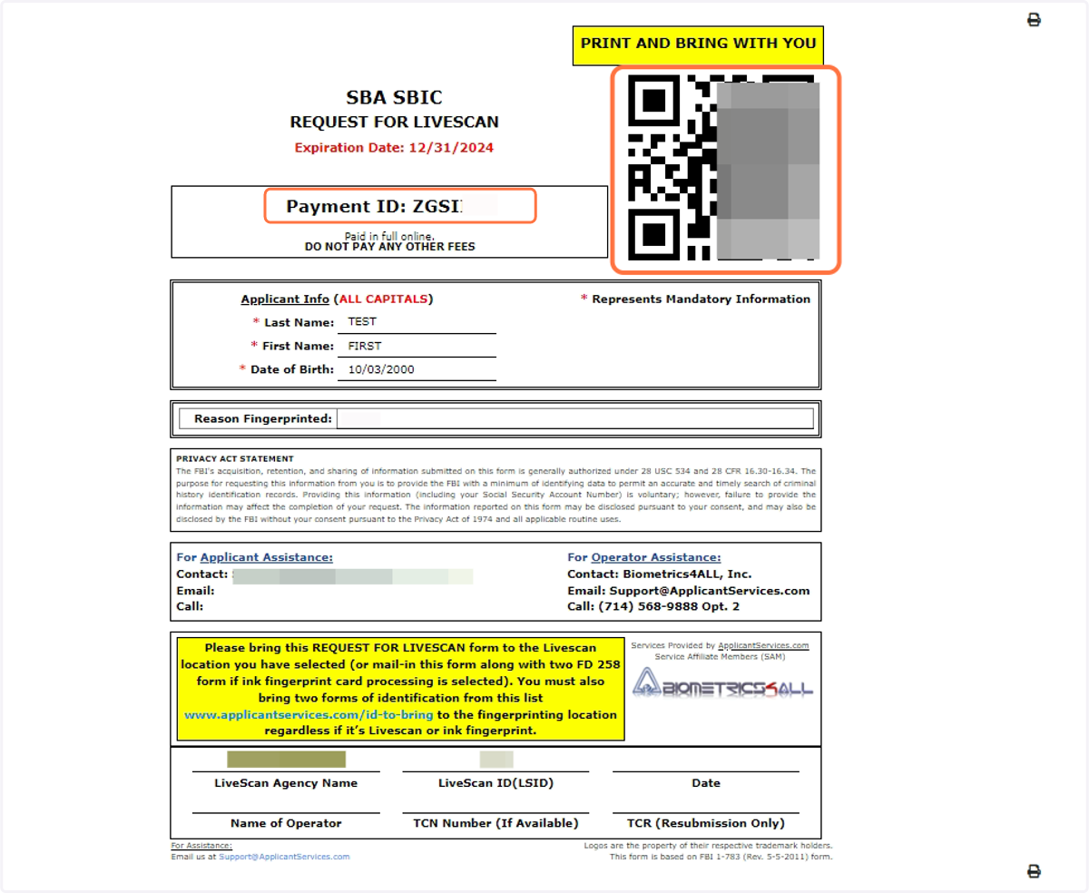 This form will open and display the Payment ID and QR code