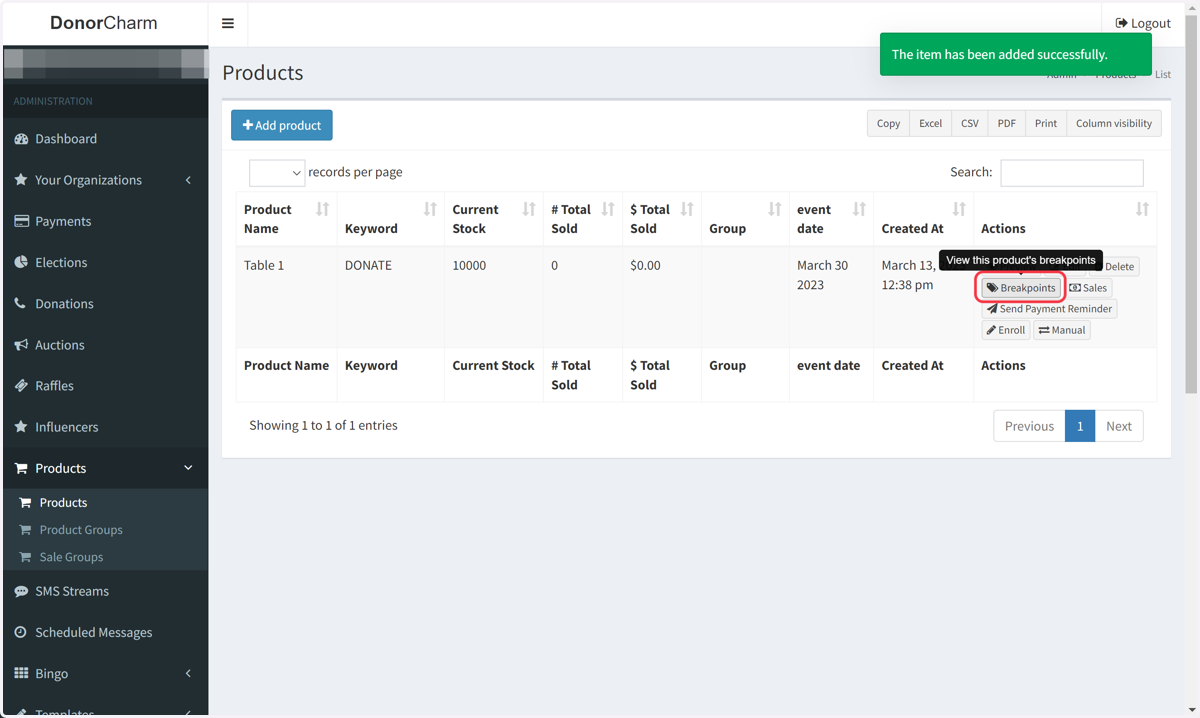 Once the product is saved and added to your list, click on 'Breakpoints'.