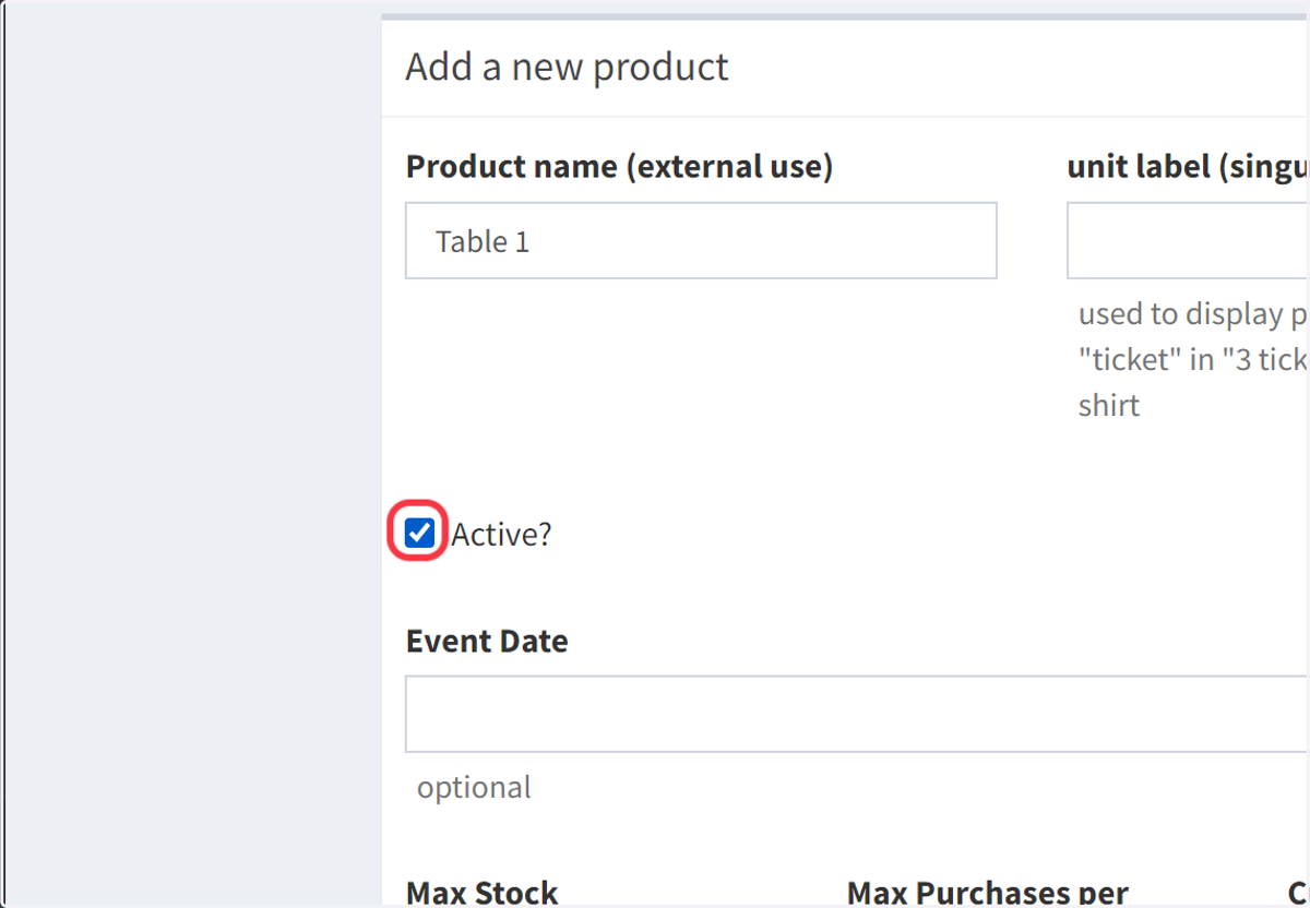 Mark the product as 'Active' by checking the Active checkbox. This ensures your product is visible to donors.