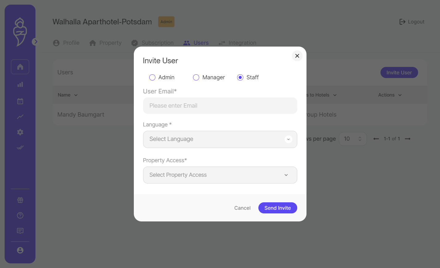 Please enter the new user's role, email and select the correct property if you have an account with multiple properties.