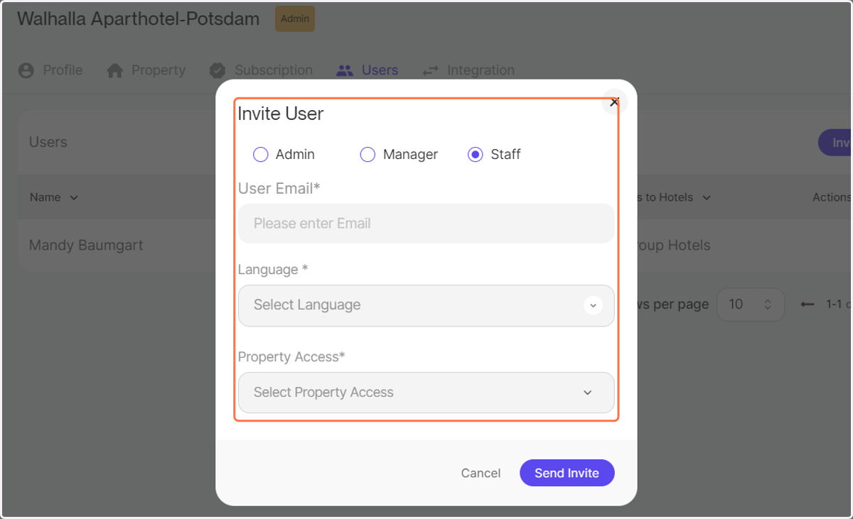 Please enter the new user's role, email and select the correct property if you have an account with multiple properties.