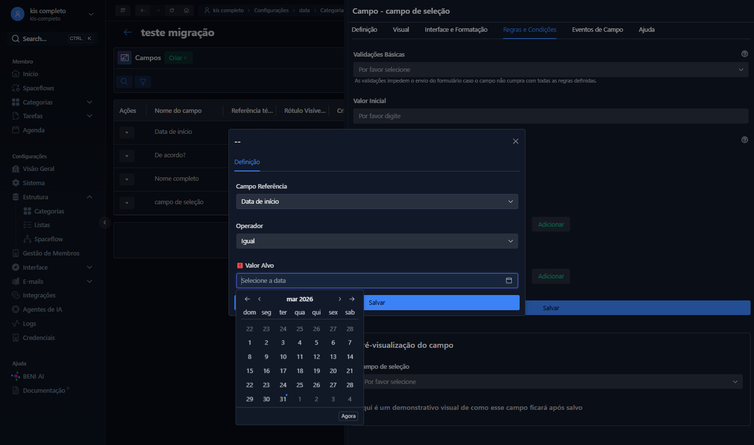 Se ele for alterado, automaticamente o campo Valor Alvo será atualizado para mostrar um campo exatamente como o Campo Referência selecionado