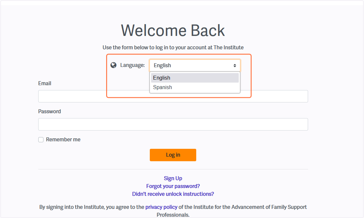 Select your preferred language, enter your email and password, then click "Log In."