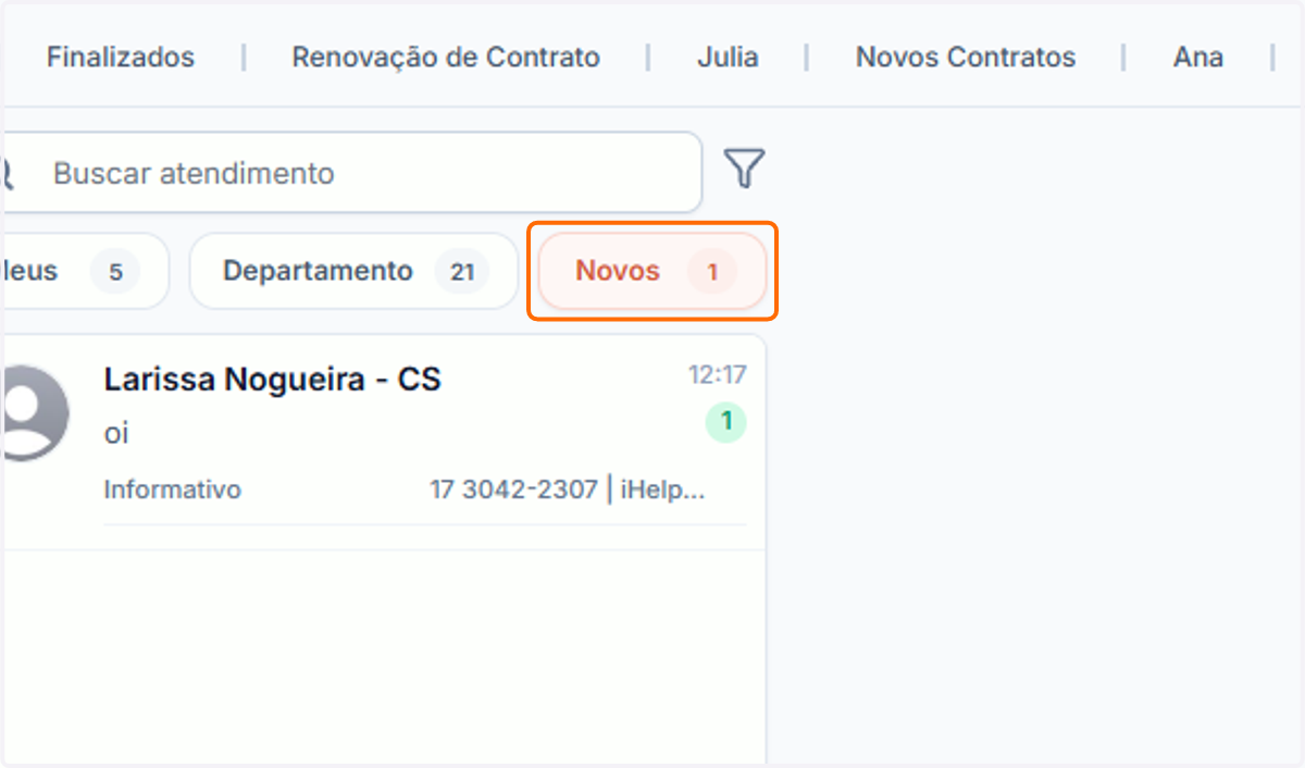 Clique em um atendimento, que poderá estar Meus, Departamentos ou Novos