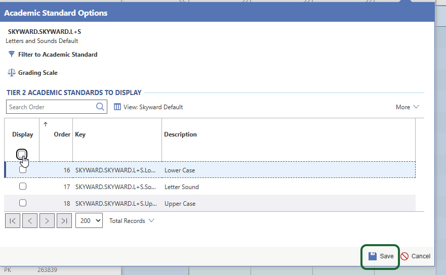 Click the Display checkbox to add the lowercase, sounds, and uppercase letter columns. Then click Save.