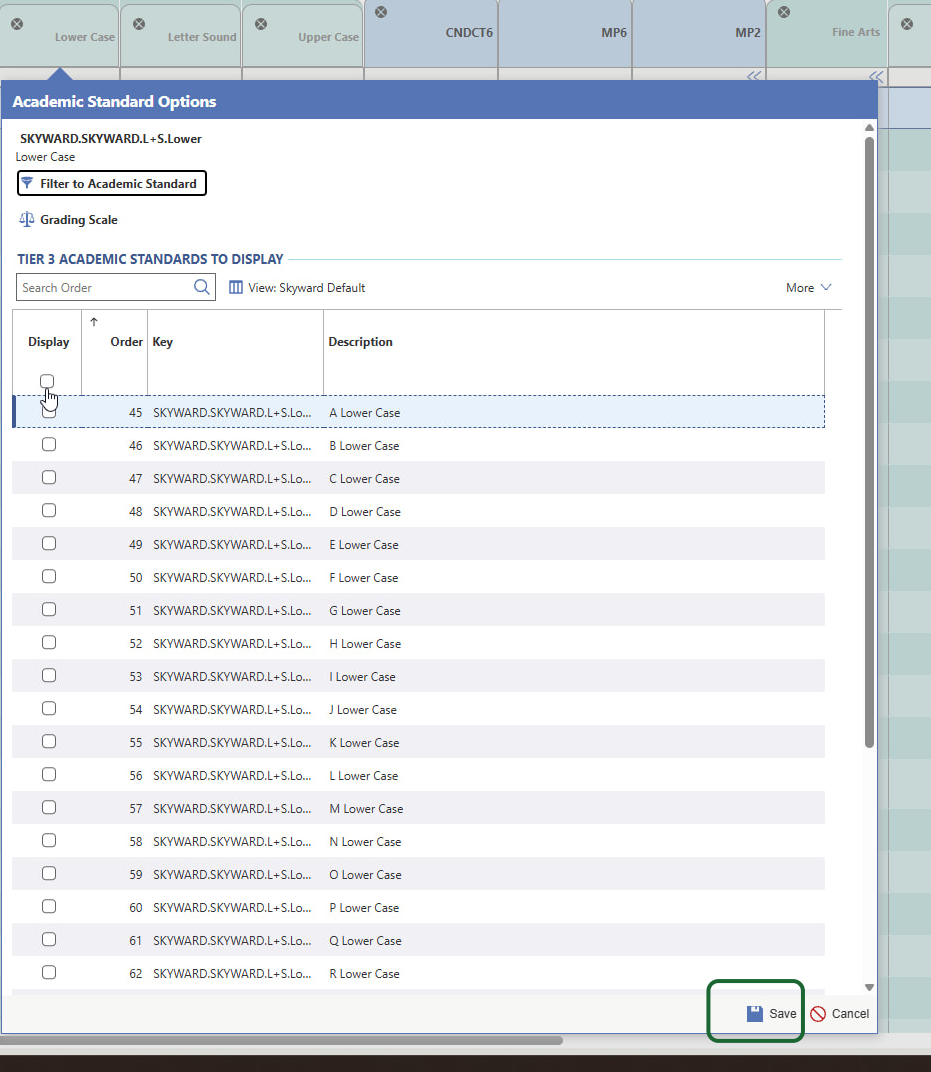 All of the lowercase letters will be listed. Click the Display Checkbox to add them all. Then click Save.