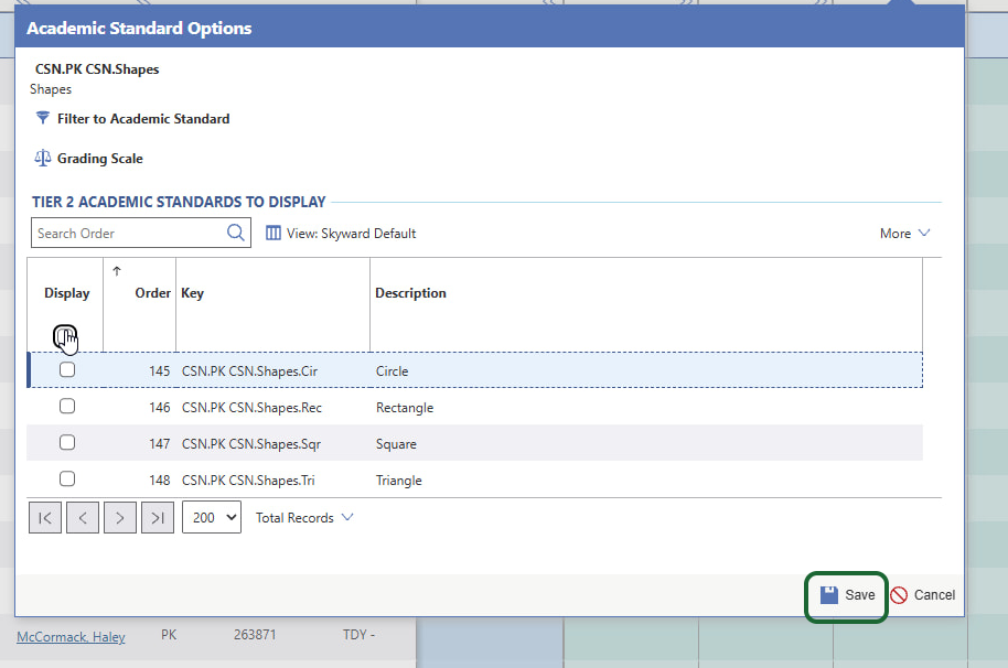 All of the shapes will be listed. Click the Display Checkbox to add them all. Then click Save.