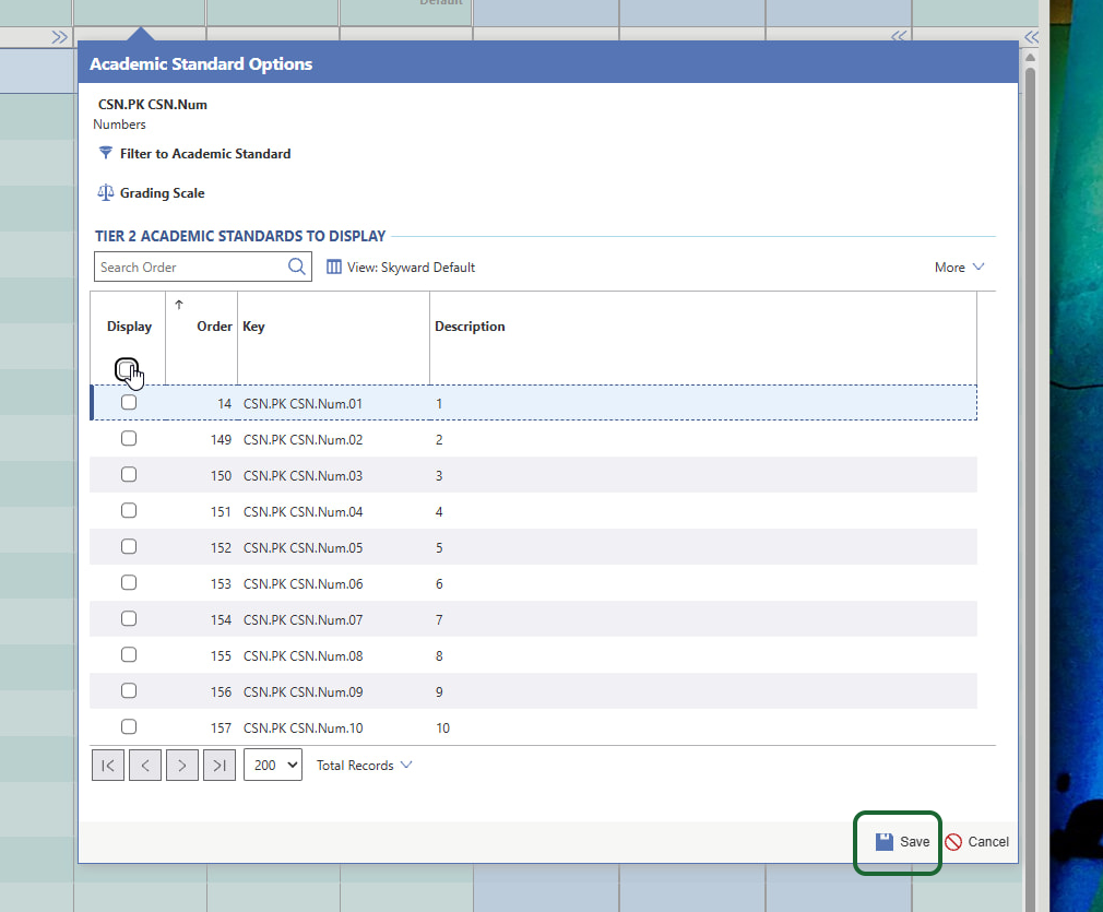 All of the numbers will be listed. Click the Display Checkbox to add them all. Then click Save.