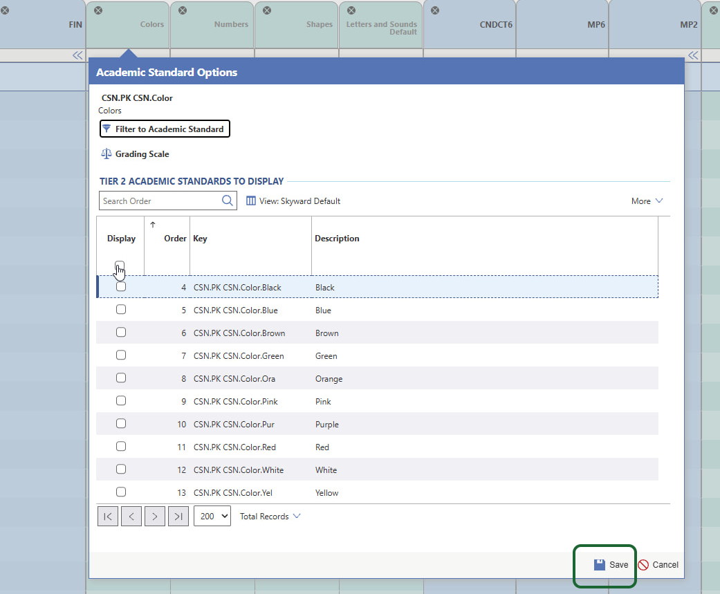 All of the colors will be listed. Click the Display Checkbox to add them all. Then click Save.