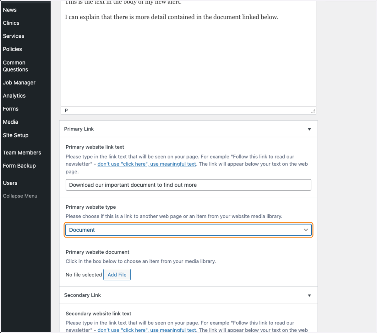 Choose the type of link from the drop down options. In this case select Document as we are adding a link to your document.