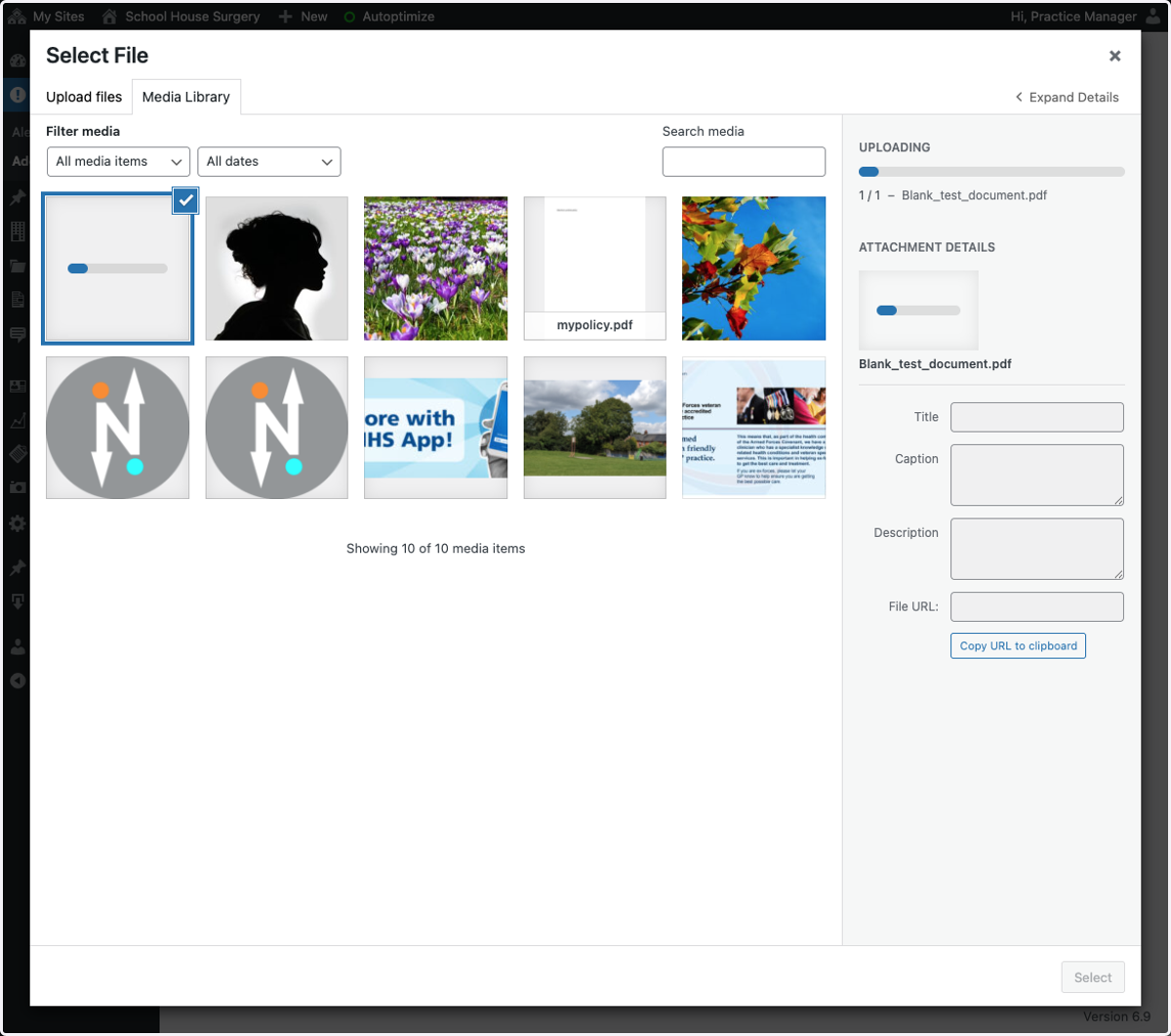 Select a file to upload from your computer. Wait for the document to finish uploading (the blue bar seen below will show progress).
