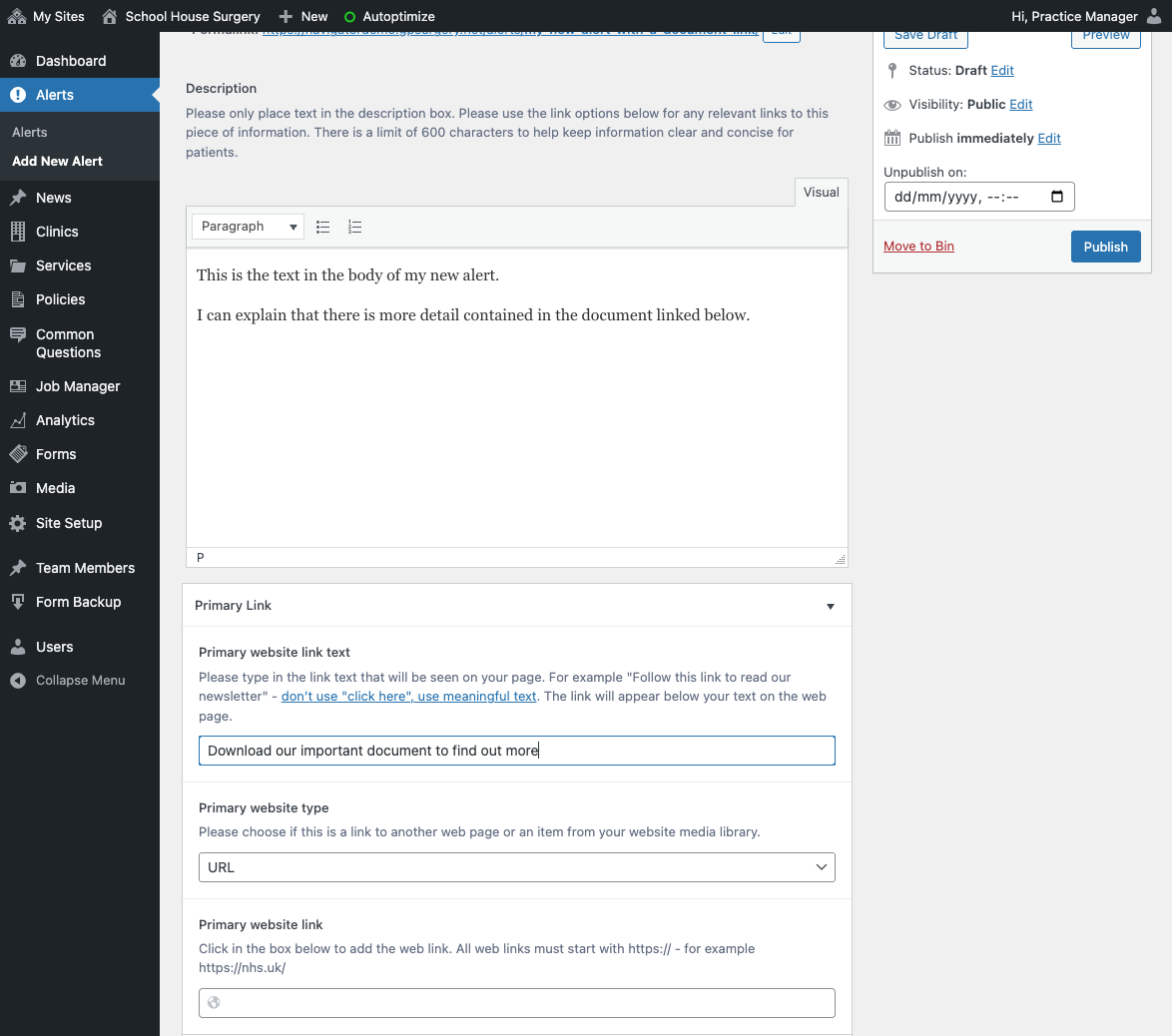 Scroll down to the Primary Link section. Add the text that will become a link to your document. Don't use "click here". Your link text should explain what the document is for. In this example we are adding more detailed information than could be cont