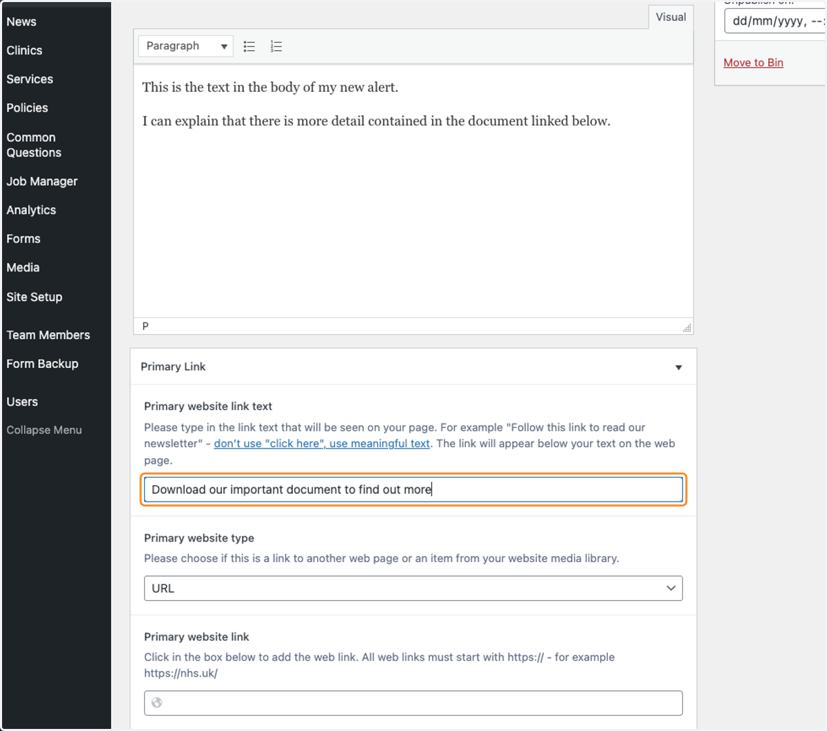 Scroll down to the Primary Link section. Add the text that will become a link to your document. Don't use "click here". Your link text should explain what the document is for. In this example we are adding more detailed information than could be cont