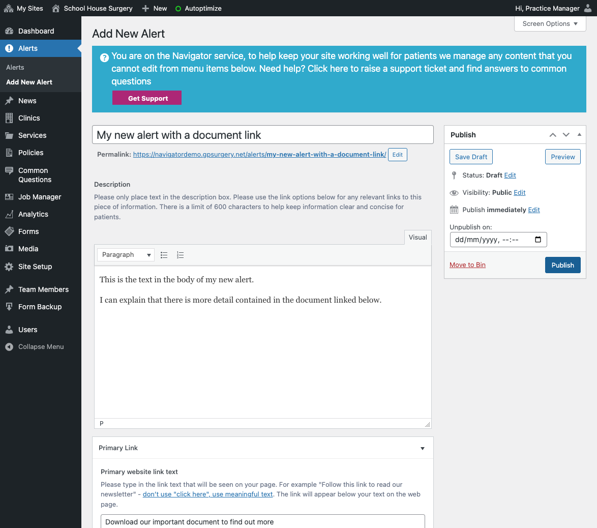 Click on Publish to make your alert visible on your website.