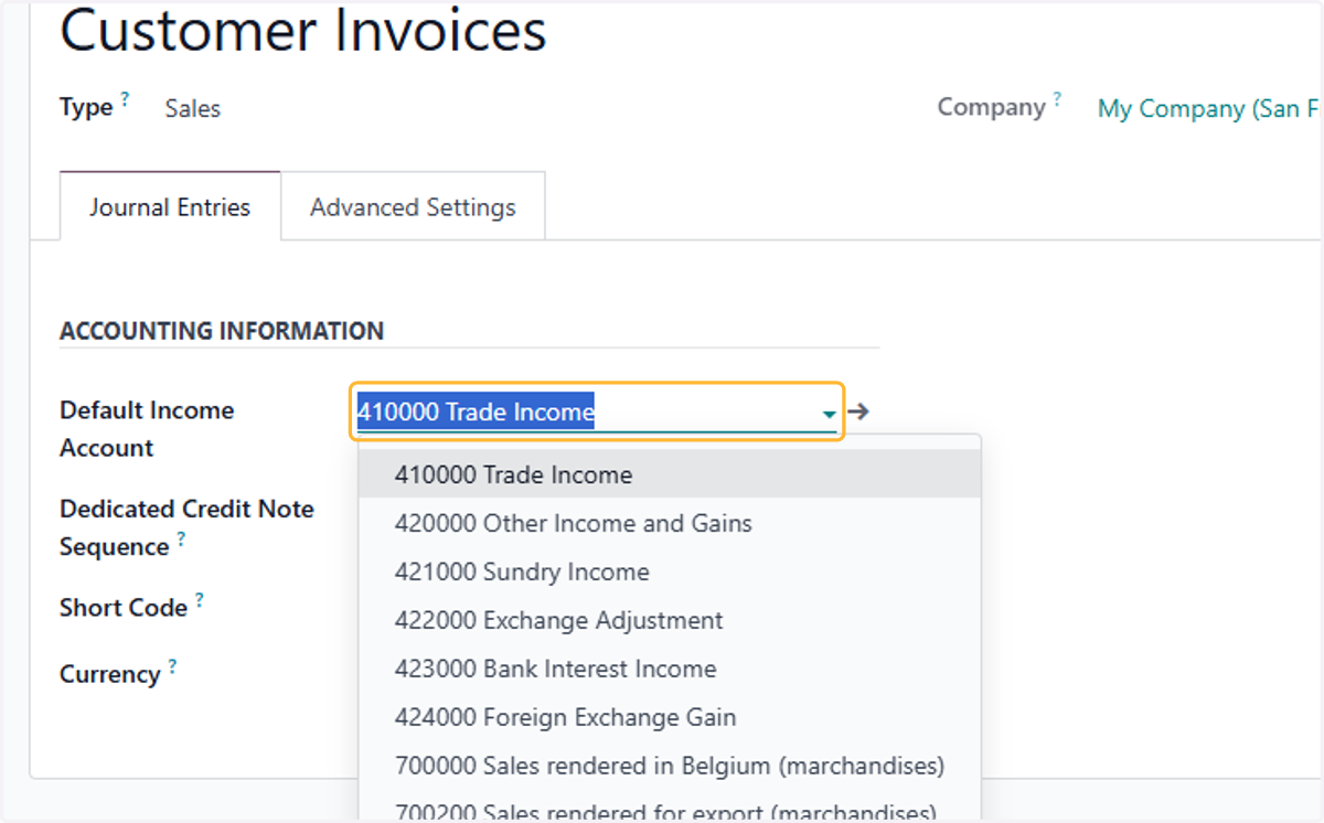 Here you can set your Default Income Account for this journal.