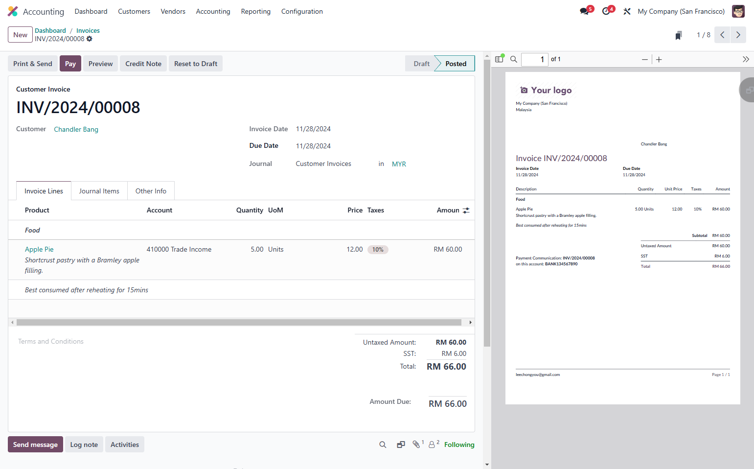Once sent/printed, your invoice will be displayed on right