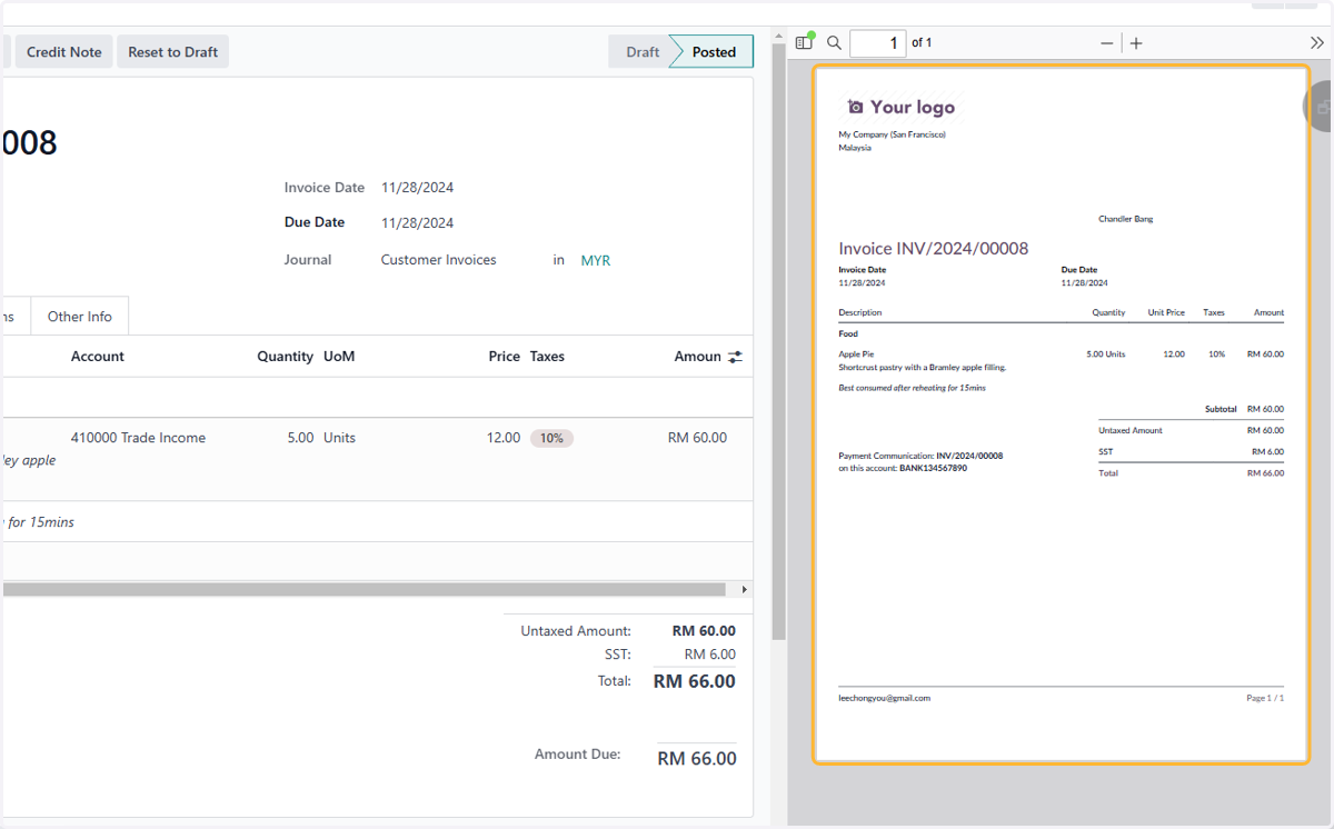 Once sent/printed, your invoice will be displayed on right