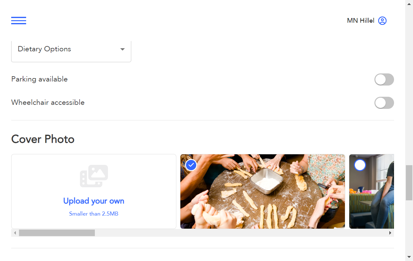 Upload a cover photo or use one of the existing photos in the platform