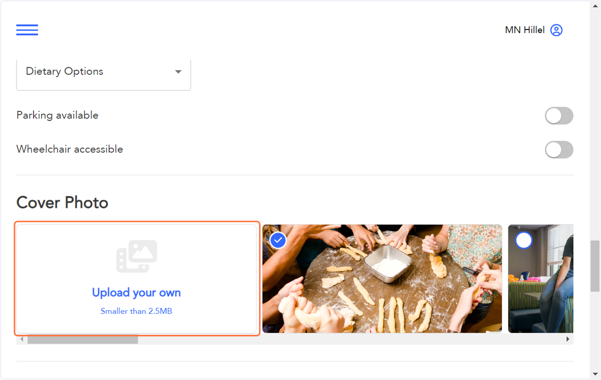 Upload a cover photo or use one of the existing photos in the platform