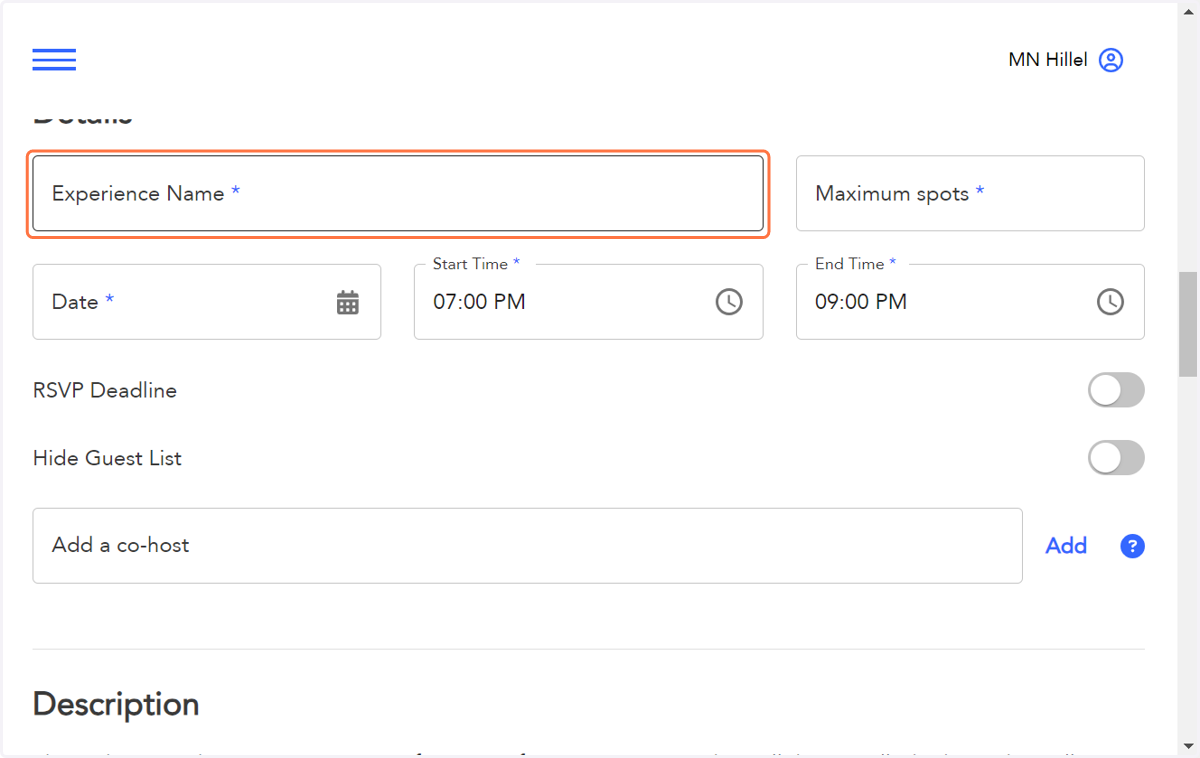 Create an Experience Name