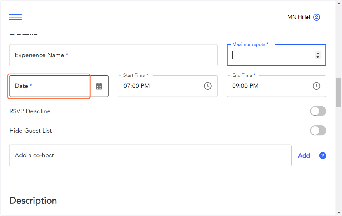 Select the date and time of your event