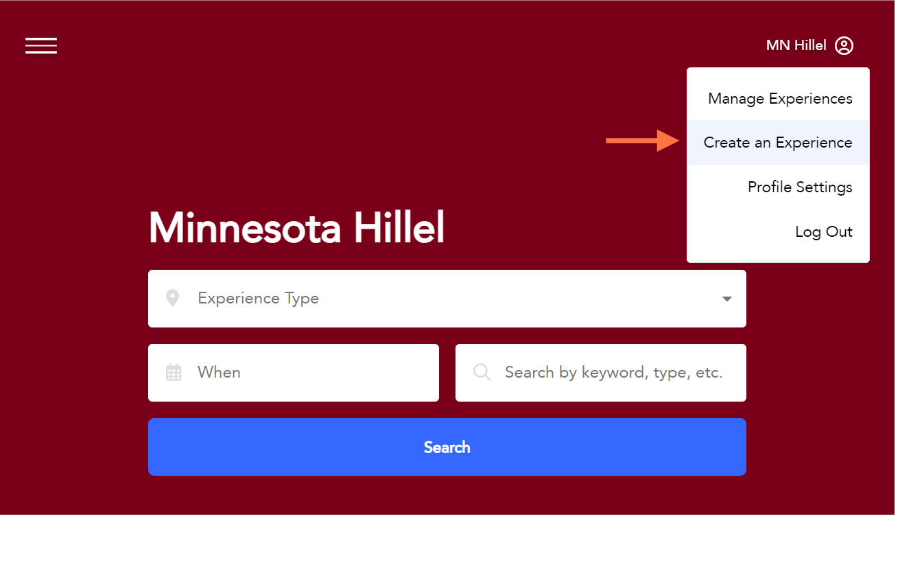 Click on Create an Experience on the Top Right Corner of the MyHillel Website