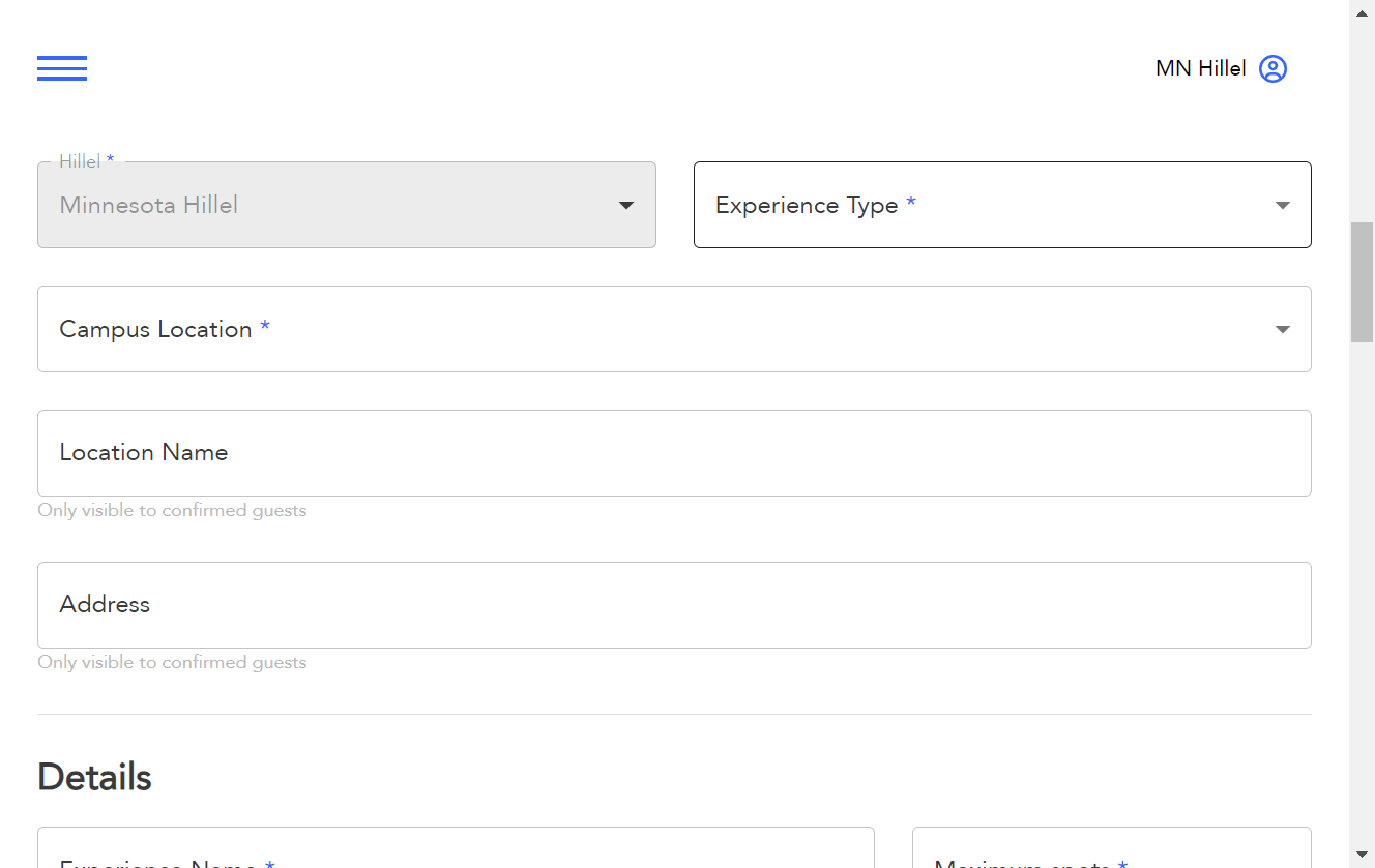 Select your Experience Type