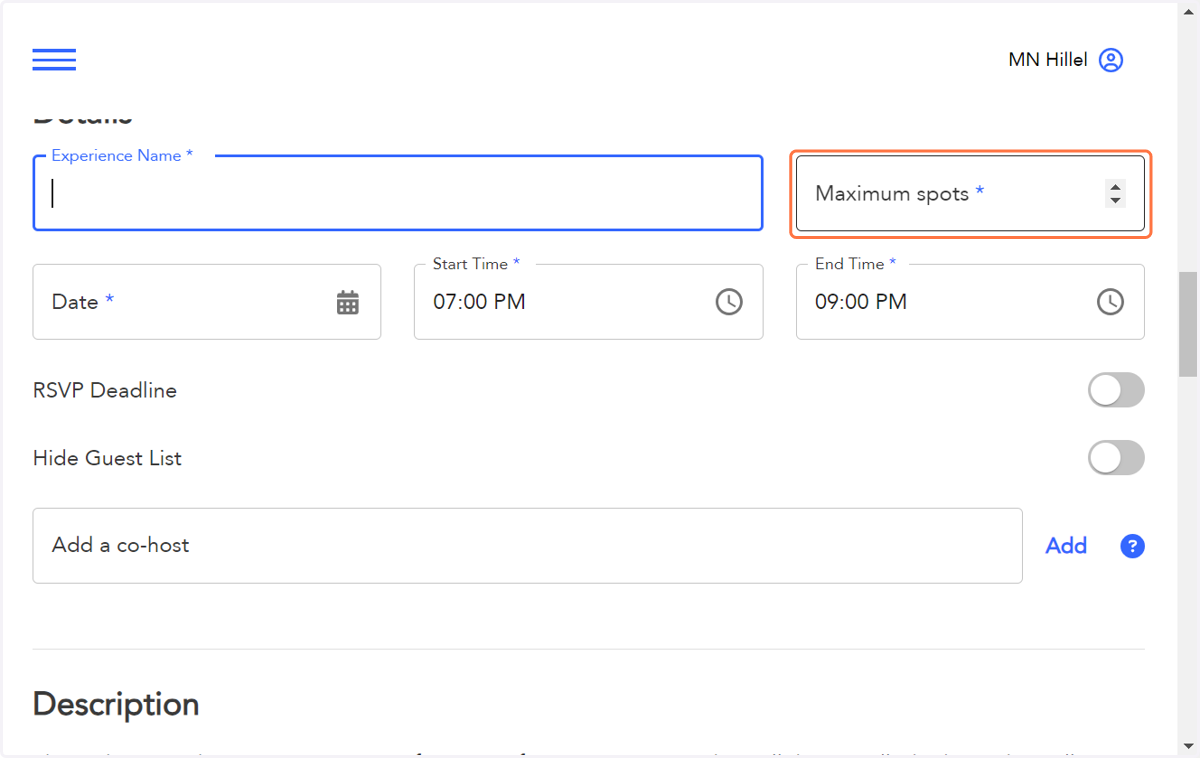 Select the Maximum number of spots for your event