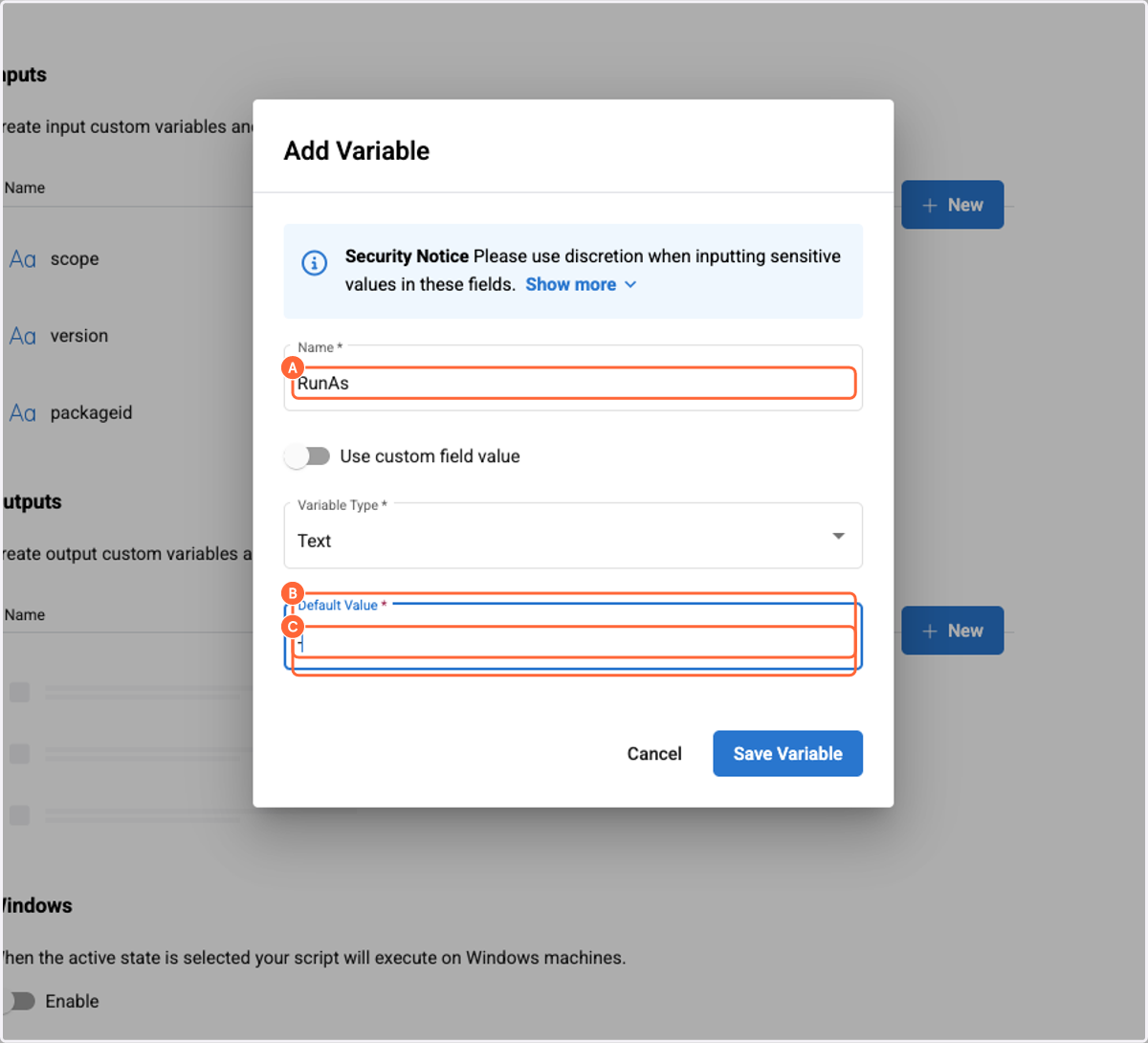 A. Paste text into input B. Click on Default Value C. Type -