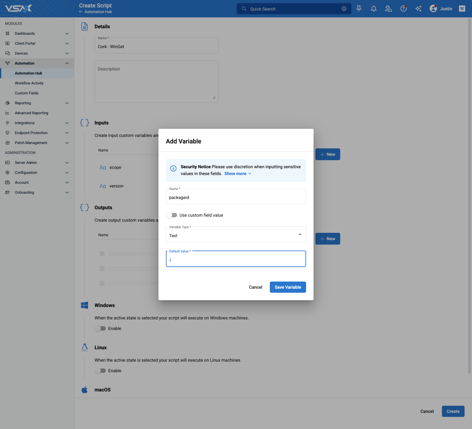 A. Paste text into Name B. Type - into Default Value