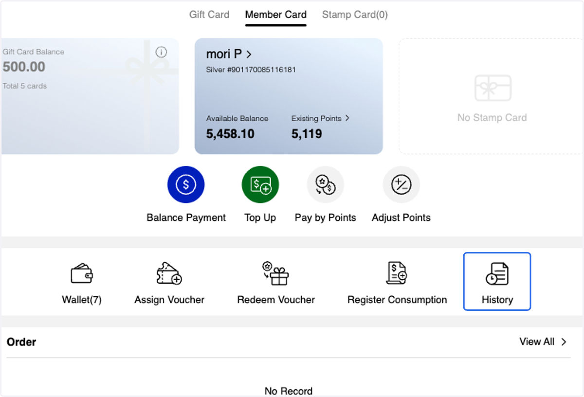 After selecting the Member ID, you will be directed to the Member Profile Overview page Click on History