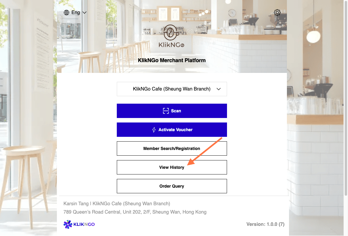 Login to KlikNGo Merchant Platform, Click on View History.
